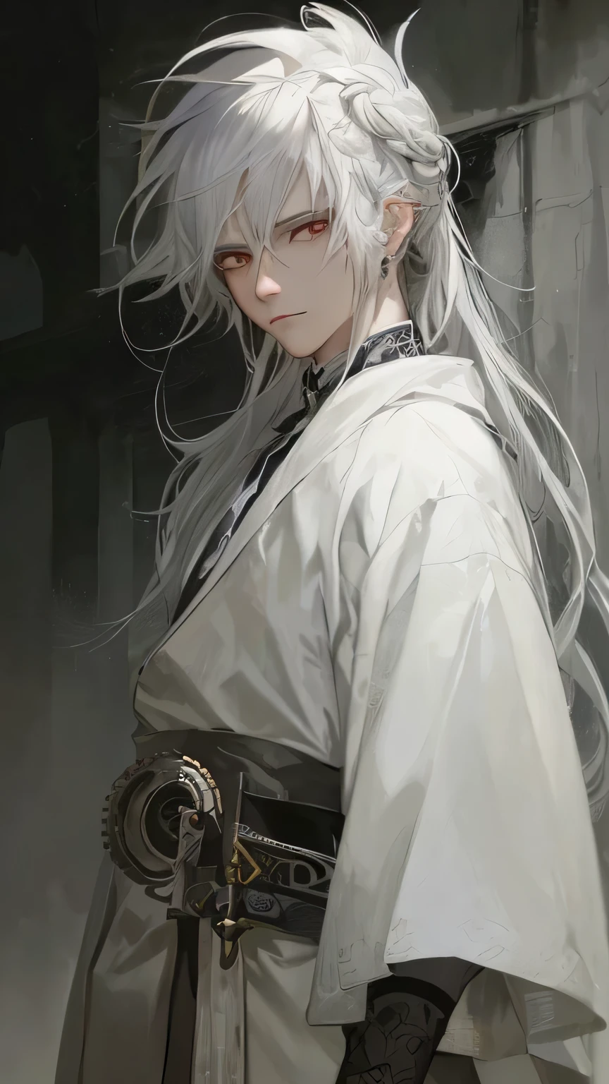 Close-up of a man White hair and a sword, white hair deity, with white ...