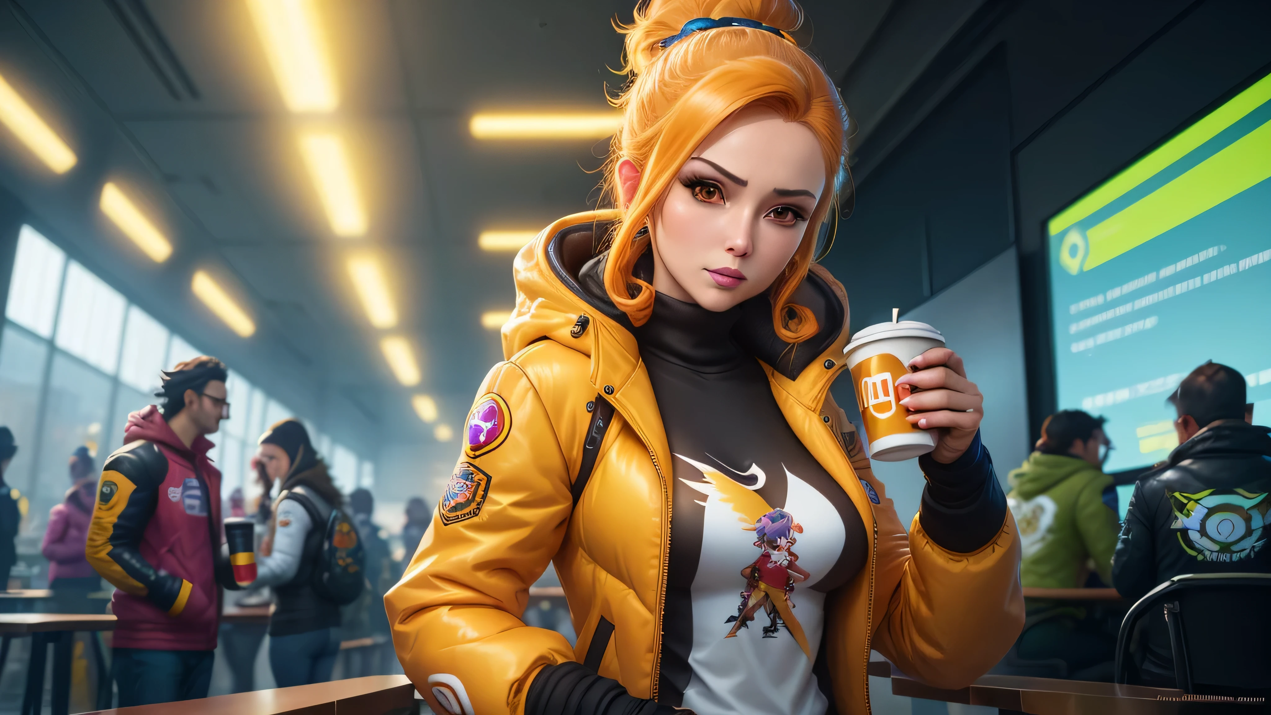 a woman in a yellow jacket holding a cup of coffee, artegerm extremamente detalhado,  anime drinks energy drink, Senna de League of Legends, lovely Brigitte de Overwatch, Brigitte de Overwatch, ruan jia e artegerm, artegerm trend, Faye Valentim, como artegerme, gama murata e artegerm, modelo uniforme | artegerm