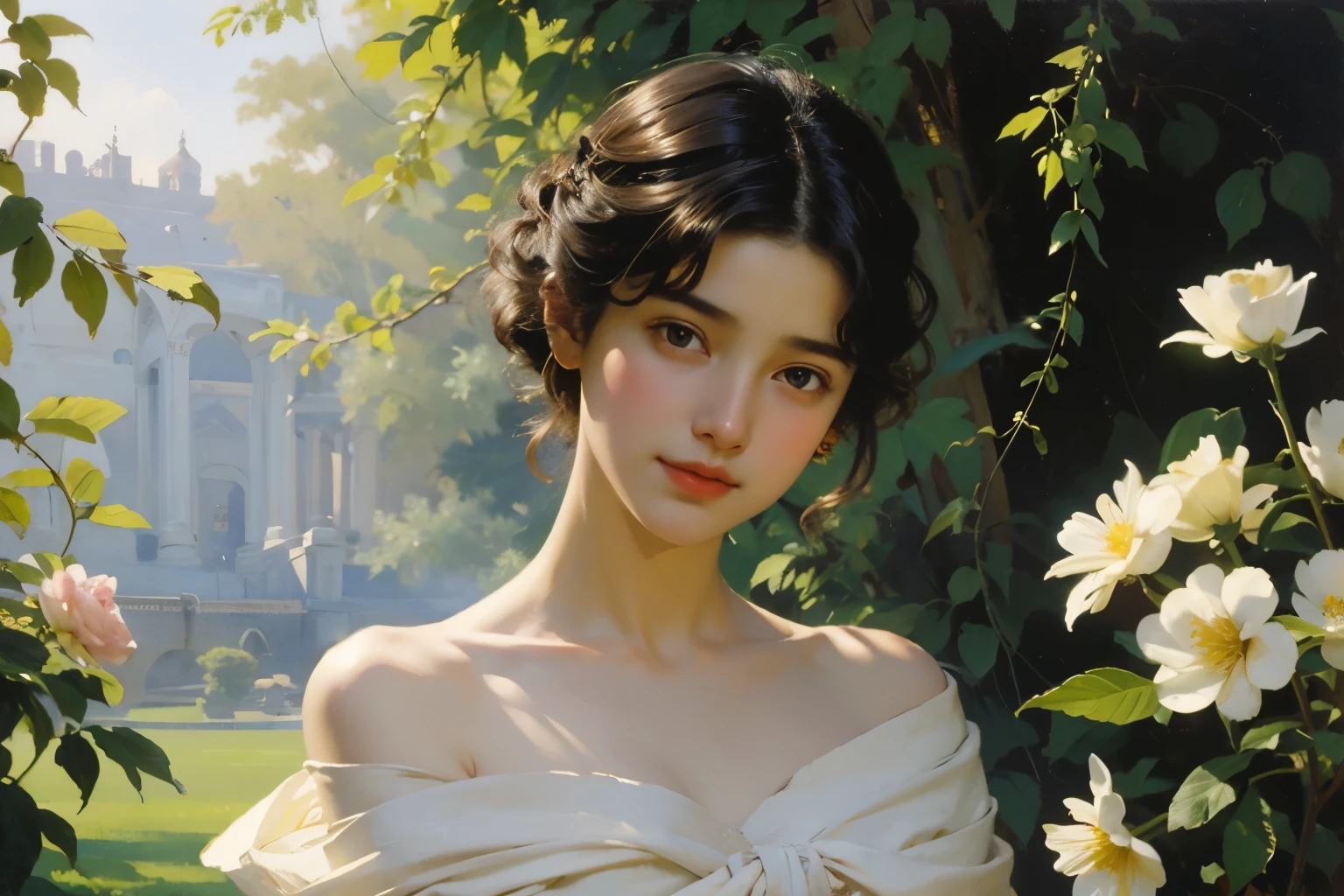 (masterpiece), (highest quality), oil, classical painting, 1 girl, portrait, bare shoulders, dress, earth color, flowers、(Sargent oil painting)、(highest quality、masterpiece)、 Realistic， photorealist， one girl，  solo，beautiful face、lifelike face、black haired、short hair、beautiful hairstyle、 real looking skin、beautiful skin、attractive、Cute blouse、 Upper body，detailed，dark background，Backlight、soft light、Inspired by Edmund Leighton,