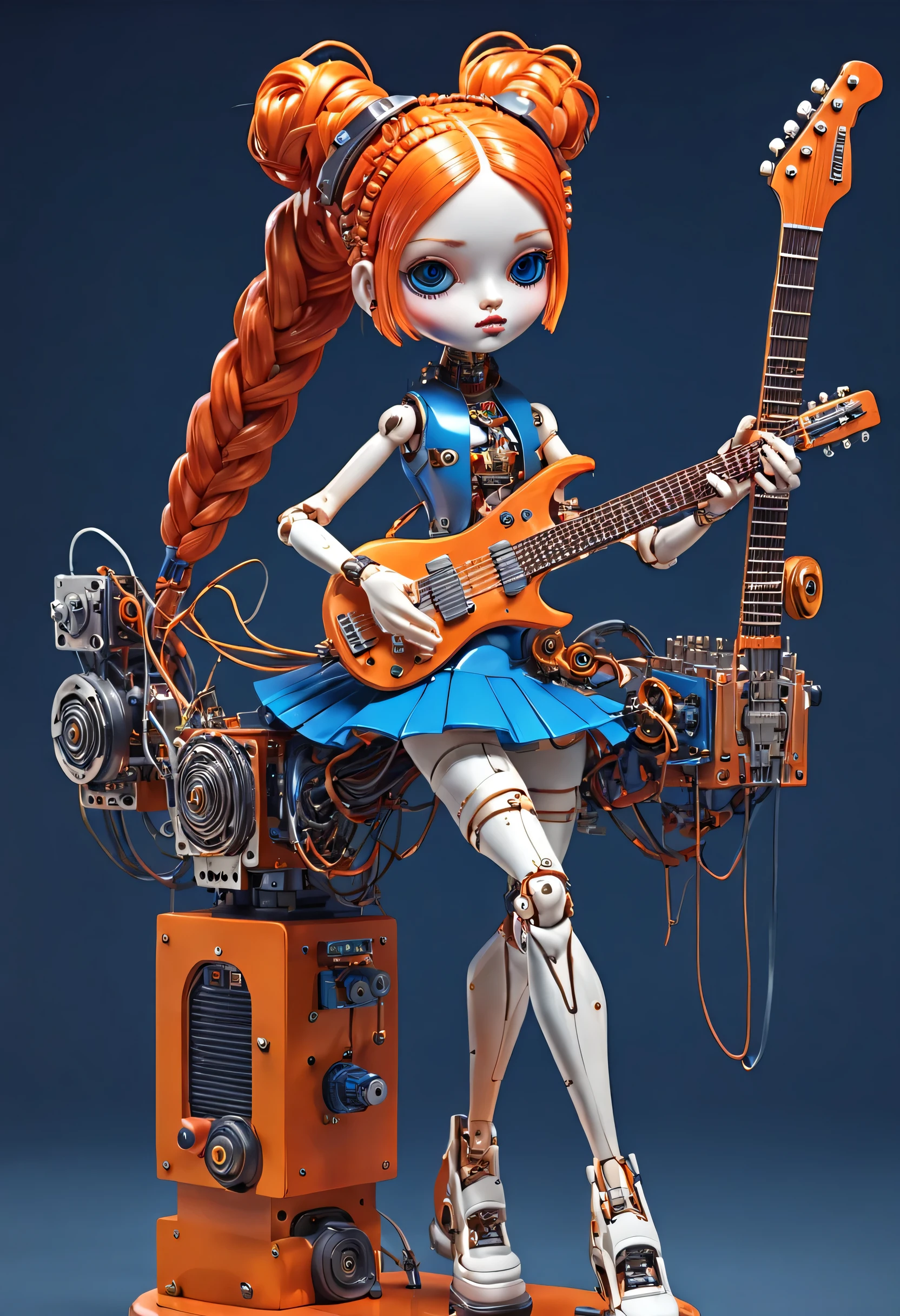 Marble sculpture style, role conception, (whole body), (A mechanical doll is enjoying playing the electric guitar), Precise and complex machinery, clockwork, gear, Mobile equipment, machine, Beautiful and meticulous, wire pull finger, Lots and lots of wires hanging from the sky，Connected to fingers and slender legs, (Wooden base glass octave sound box), cute and beautiful face, Extra long red double braid, blue and orange skirt, Slender mechanical wooden arms and legs, 8k, Ultra-fine, lifelike, high resolution, Ray tracing,Luminous advanced transparent speakers（Background holographic cyberpunk future modern city night scene：1.1）