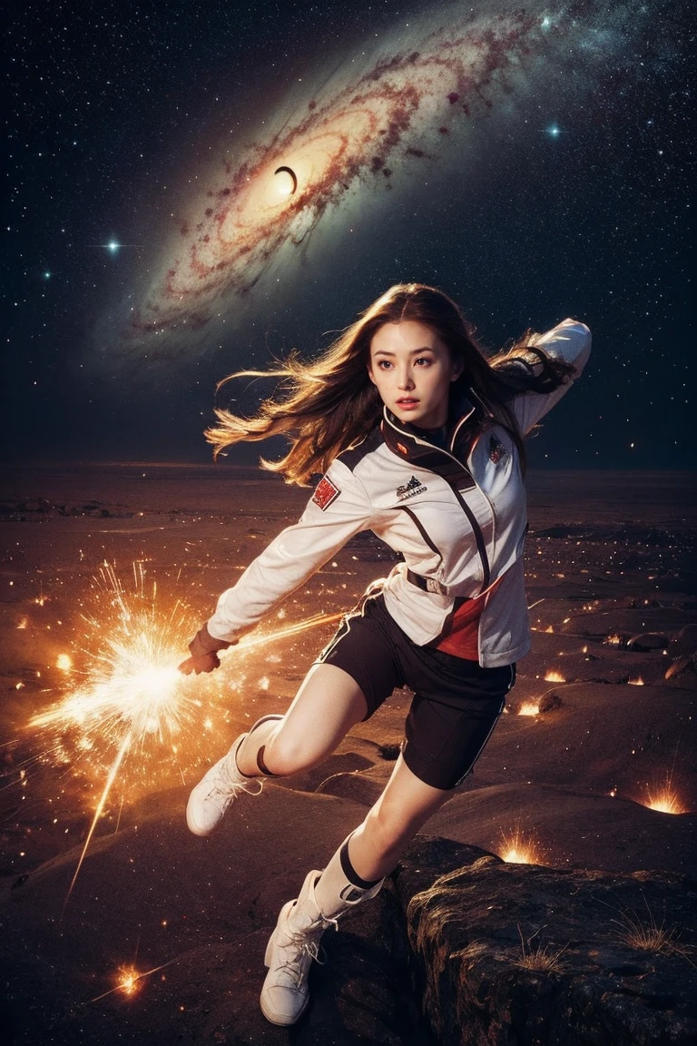 (alone) inconceivable and spectacular an emergency scene of a cloud figure Sophie Turner in a cosmic cloud, fractal nebula chain, cosmic, sky, cosmic, Vibrant and vivid entities, whirlwind, spinning, unrealistic, high contrast, symbolism, magic, mystery的な, mystery, surreal, supersaturation, colorful, 8k、Woman in combat uniform、star boots、laser beam from hand