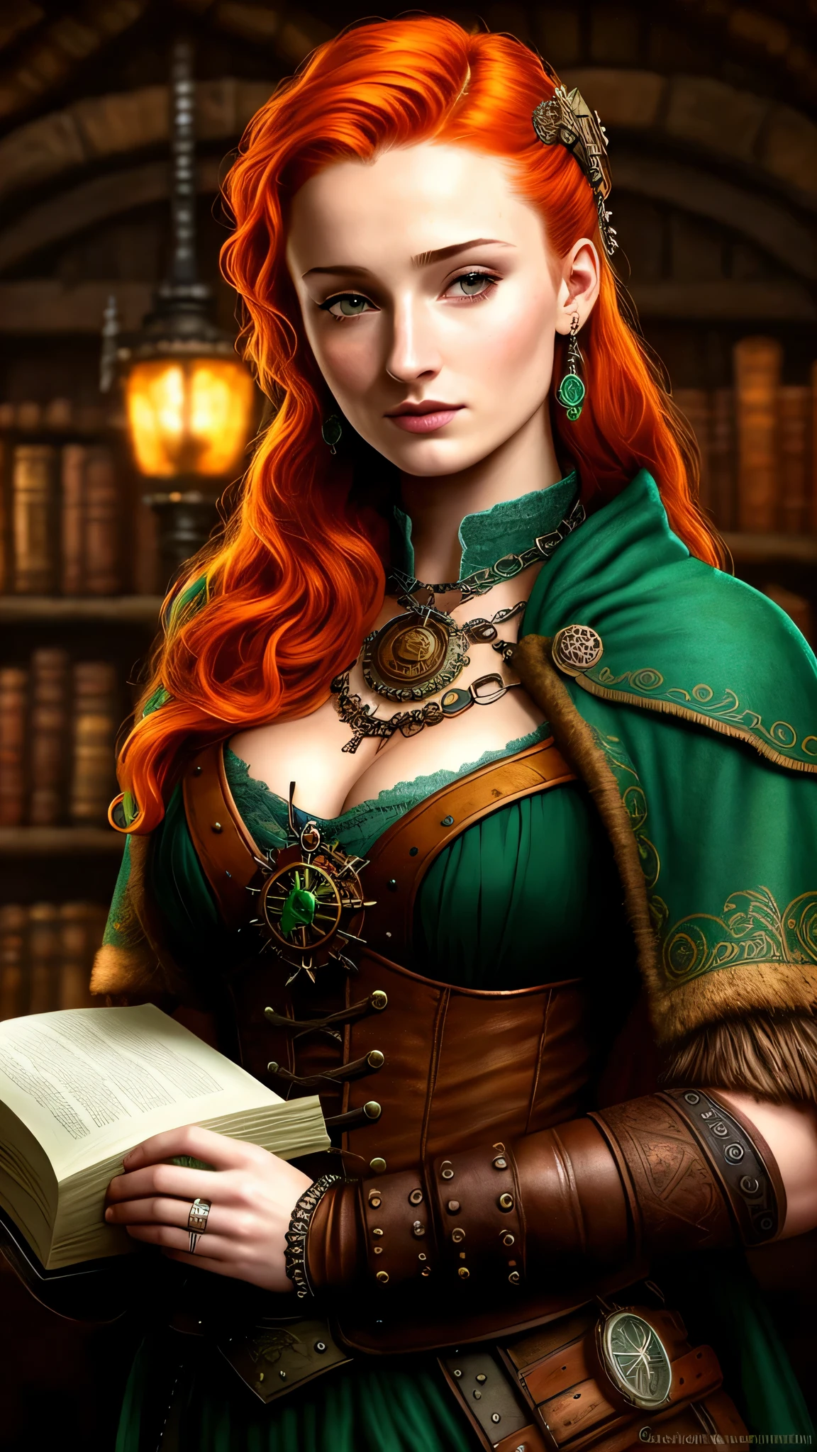 steampunkai, sks woman as Sansa Stark, steampunk ginger locks, steampunk intricate green dress, cleavage, earrings, ring, reading a steampunk book, in the steampunk library, 1woman, solo, beautiful detailed glow, detailed, cinematic light, intricate detail, realistic, highres, detailed facial features, high detail, sharp focus, smooth, aesthetic, extremely detailed, stamp, octane render