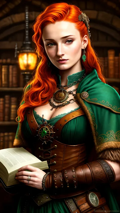 steampunkai, sks woman as Sansa Stark, steampunk ginger locks, steampunk intricate green dress, cleavage, earrings, ring, readin...