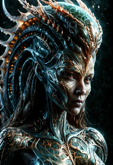 Alien Queen Figure, A mix of techno-anatomical and fractal elements., Character design, Dynamic lighting that emphasizes multifa...