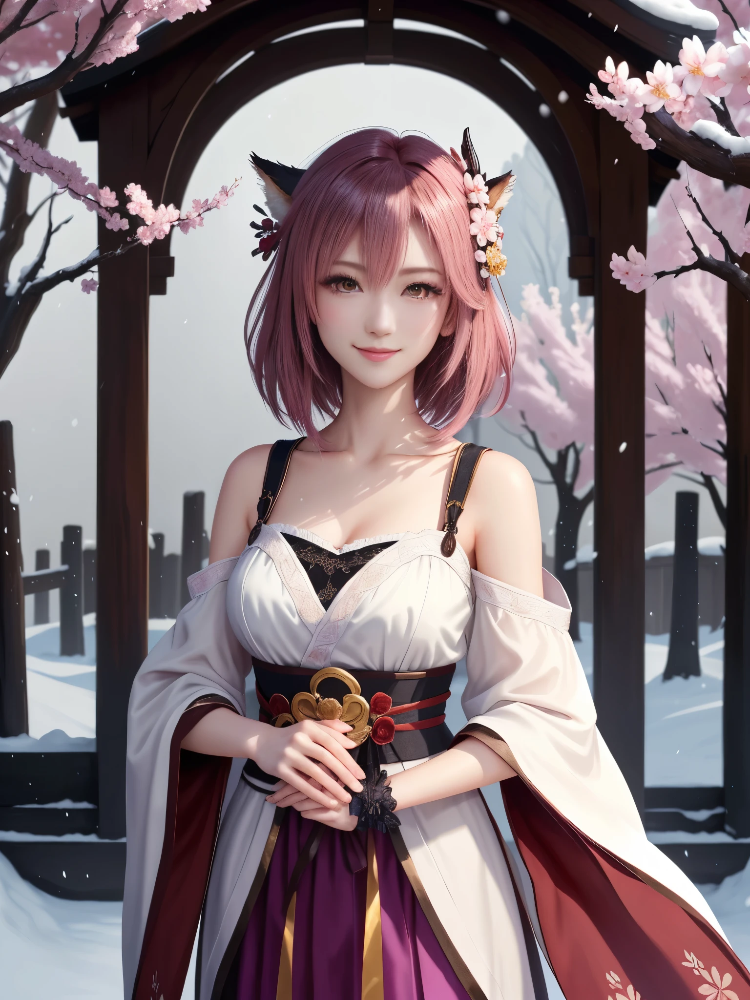 masterpiece , best quality,smile,smile,small face,shoulder exposure,less cleavage exposure,light pink hair,slender body shape,brown eyes,sharp contrast,short hair,Beautiful short hair,Berry Short,short cut hair,just one person,precision quality,Faithfully reproduced eyes, Cherry blossom background,snow scene,masterpiece, Fantastic cherry blossom background,night,Night background,cherry blossom background,beautiful details, colorful, delicate details, delicate lips, intricate details, genuine, ultrargenuineista, Girl with multicolored haired fox sitting on a branch:Mature, bright eyes, ,Colorful Fox, raposa de nine tails, Three tails Fox, Three tails Fox, onmyoji detail art, beautiful fine art illustration, mythical creatures, Fox, beautiful digital art,shrine maiden,hold hands,exquisite digital illustration, mizutsune, Inspired by mythical wild web creatures, pixiv in digital art, shining light, high contrast, Mysterious,