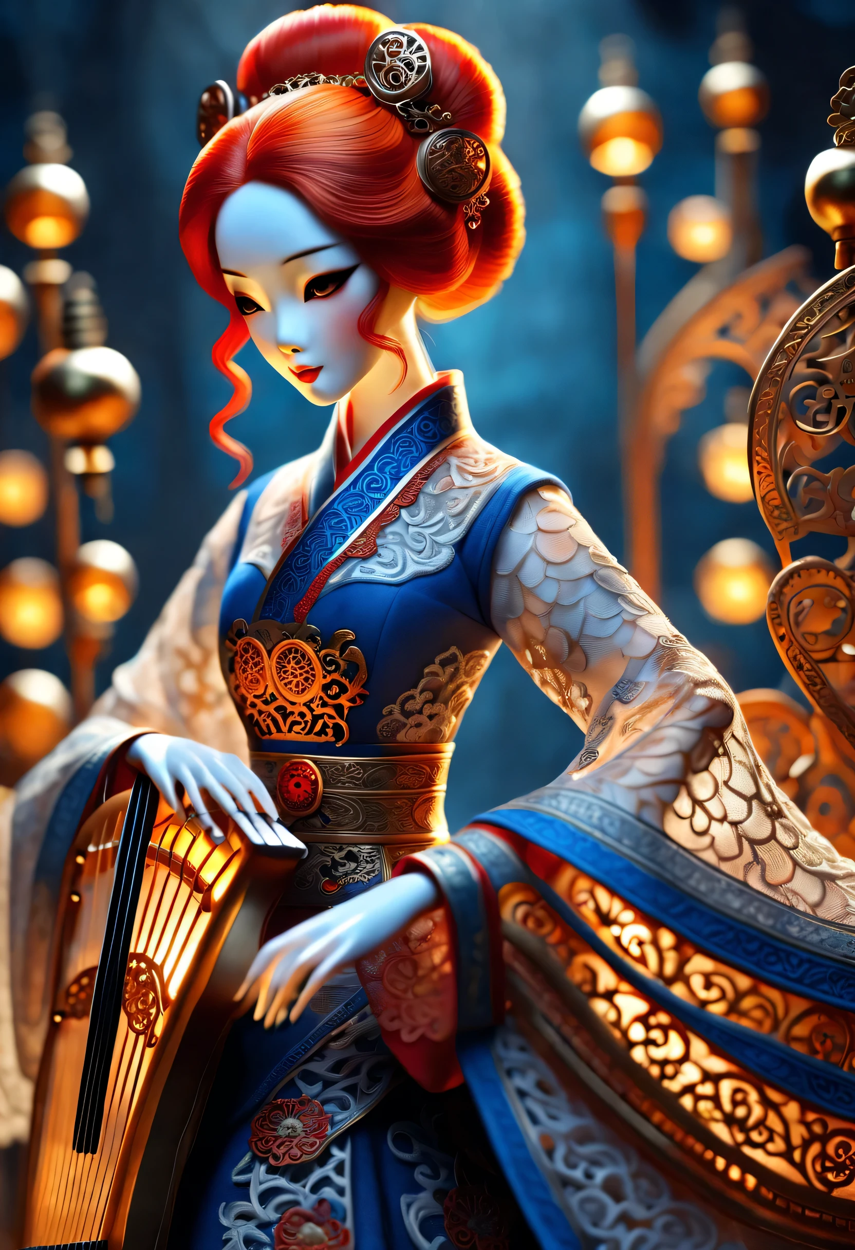 Mechanical doll design，（Mechanically constructed Chinese Hanfu doll plays the guqin and pipa），Role, Beautiful and detailed，Mechanical clockwork，gear，Mechanical device base，Extra long wavy red head，orangeskirt，8k smoke，Ultra-fine，lifelike，high resolution，Motion ray tracing，discover realism，dramatic lighting，Steampunk elements，Eerie and surreal atmosphere，Intricate lace pattern，exquisite craftsmanship，Gothic aesthetics，strange beauty，[high dynamic range]，[Fear]，[concept artist]，[keen focus]，[main]，[bright colors]，[Bokeh]，Long range shooting，Blue-orange