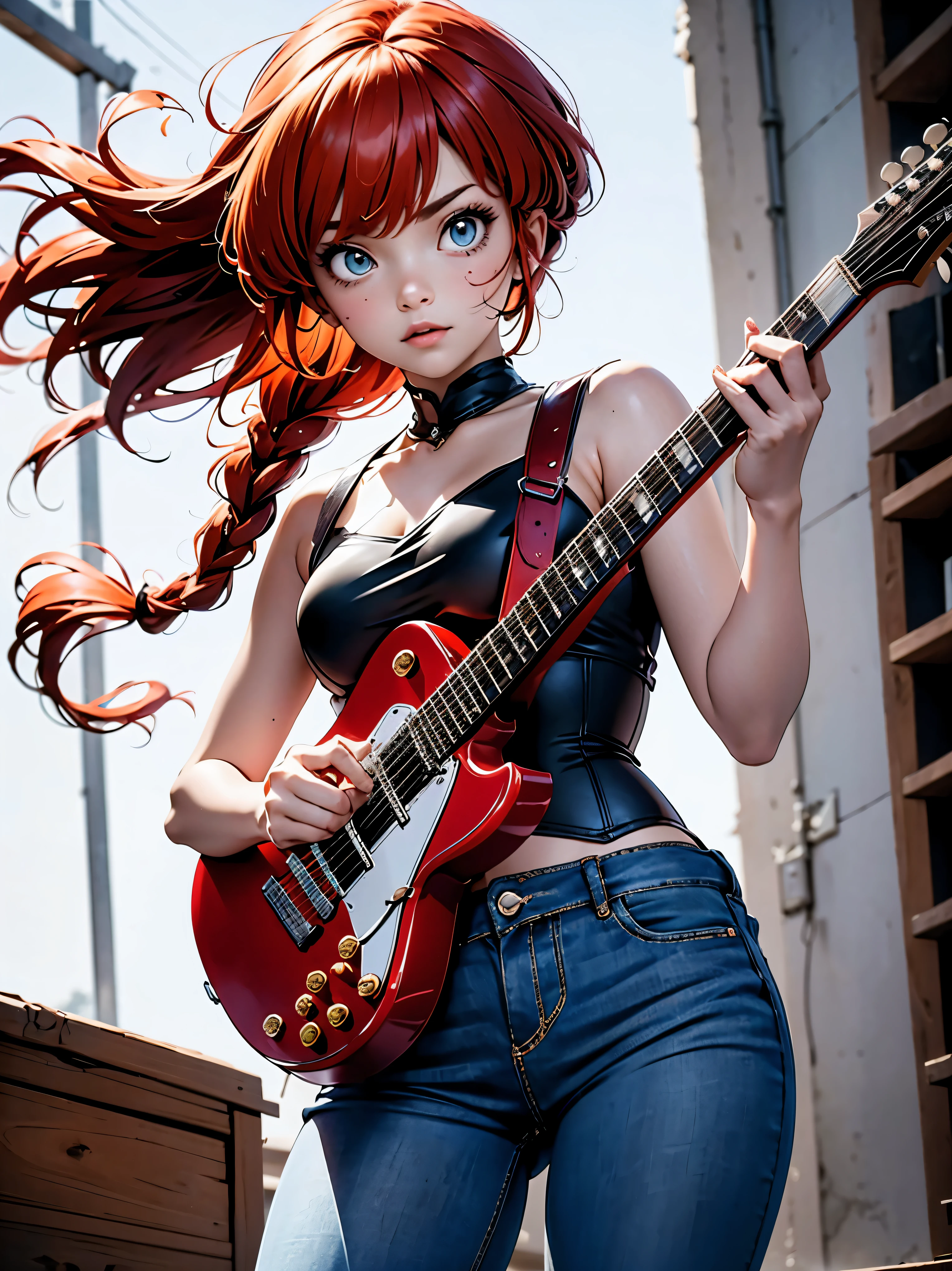 Redhead guitarist anime girl, guitarist girl em bermuda jeans e corset preto e black guitar, 15year old, Body cute, seios big fit asss, playing on guitar eletrica, heavy metal style, Iron Maiden theme song, sexy girl, red hair with braid, beautiful lighting, softshadows, blue colored eyes, pretty legs, hair with braid, anime styling, ranma chan, Autora Rumiko Takahashi, Based on a work by Rumiko Takahashi, Anime Ranma 1/ 2, decote sexy, robust hip, fully body, fully body, busto big fit ass, young girl with beautiful and beautiful body, sandals on his feet, garota 15year old jovem baixa estatura, wearing denim shorts and corset, anime girl, anime styling, beautiful feet in sandals, 45° viewing angle, plein-air, red hair braid, big fit ass , peito big fit ass, hair braid, guitarist girl, Heavy metal music, braided hair blown by strong wind, guitar in hands, playing on guitar, strong wind, black guitar