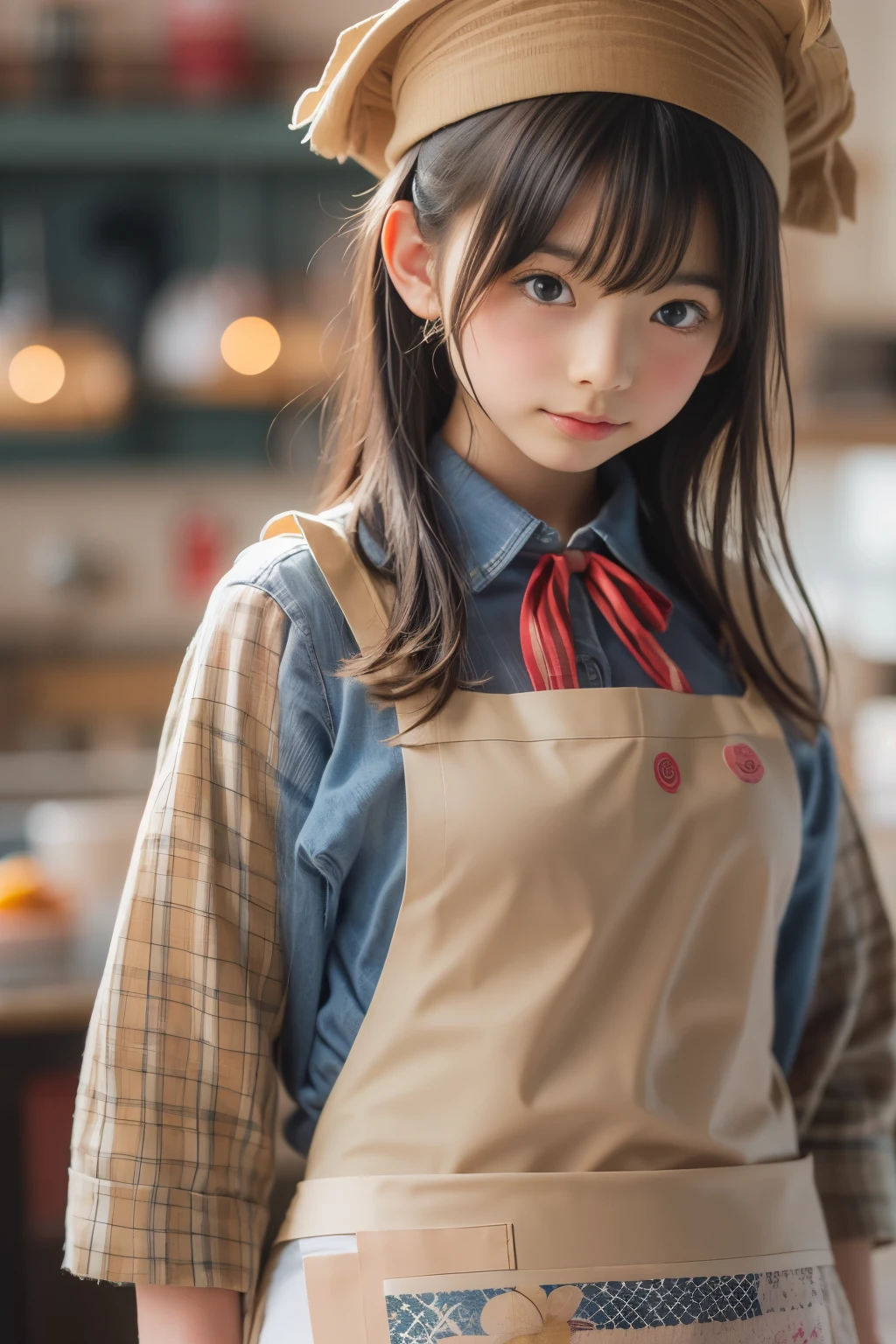 Ultra High Resolution, (Realistic: 1.4), RAW Photo, Best Quality, (Photorealistic), Focus, Soft Light, ((15 years old)), ((Japanese)), (Front, Young Face))), (Depth of Field), (One Piece), Masterpiece, (Photoreal), Woman, Bangs, (( apron, hair over one eyes, 1 Girl))