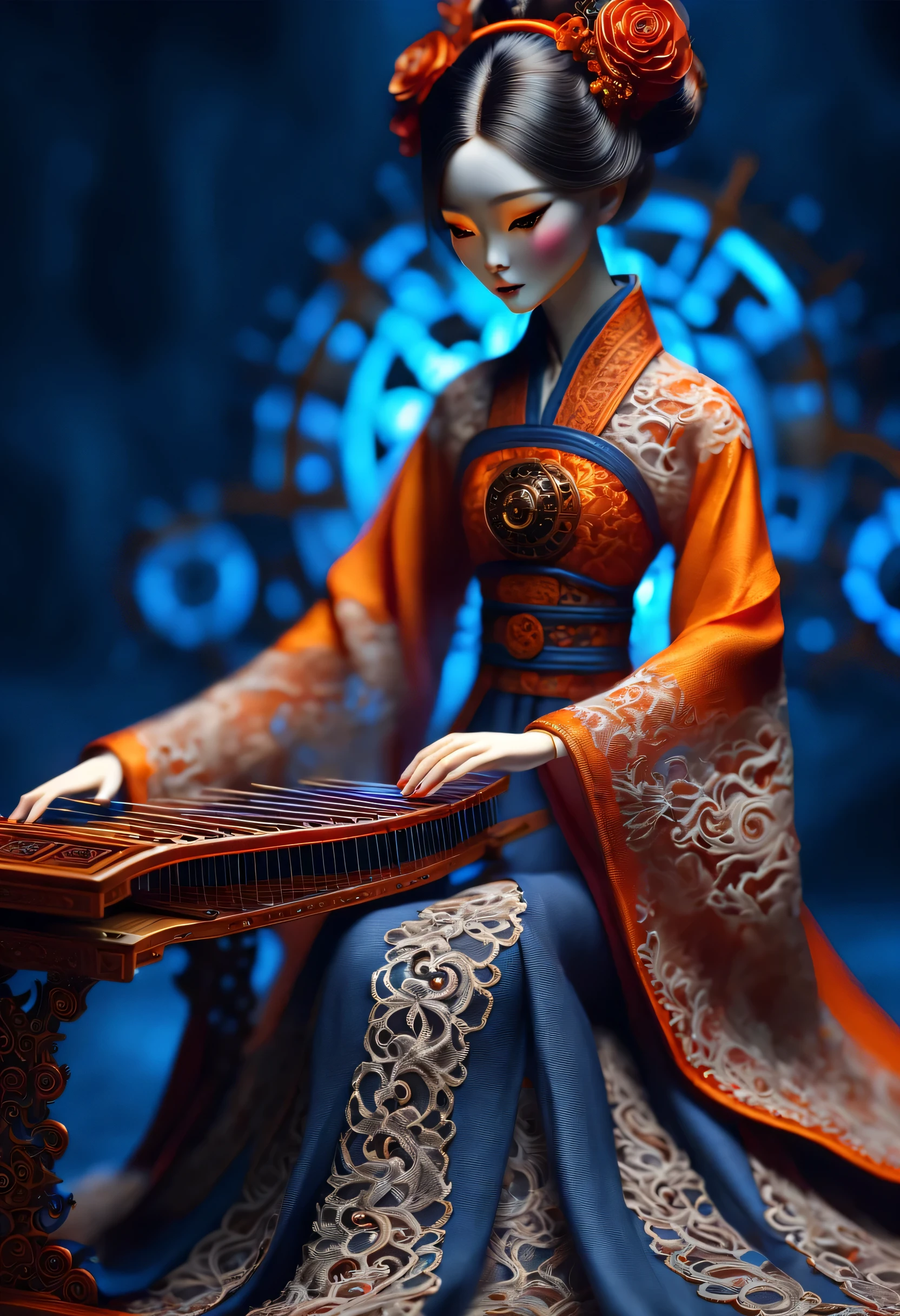 Design de boneca mecânica，（Boneca Hanfu chinesa construída mecanicamente tocando guzheng mecânico eletrônico），papel, lindo e detalhado，（mecânica mecânica，Engrenagem，Base de dispositivo mecânico），Cabeça vermelha ondulada extra longa，saia laranja，8k fumaça，ultrafino，realista，Alta resolução，Rastreamento de raio de movimento，descubra o realismo，iluminação dramática，elementos steampunk，Atmosfera estranha e surreal，Padrão de renda intrincado，artesanato requintado，Estética gótica，beleza estranha，[dinâmica de alto alcance]，[temer]，[artista conceitual]，[foco afiado]，[cores brilhantes]，[Bokeh]，tiro de longa distância，Azul-laranja