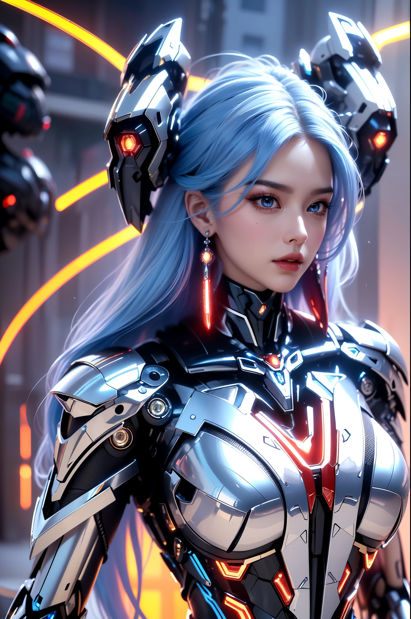 (masterpiece), best quality, expressive eyes, perfect face, beautiful details face, beautiful round eyes, full body, A beautiful mecha woman in mecha armour suit, (determined face), Serious look, (platinum blue hair), (random hairstyles, streaked hair, expressive hair, shiny hair, glowing hair, multicolored hair, gradient hair, colored inner hair, straight hair, medium long hair), fair skin, (full detailed mecha cybernetic suit:1.3), (full body cyber armour), Mechanical Puppet, glowing and shining armour, gold and red cyber armour, (Gigantic mechanical wing:1.2), (Edge lights:1.3), (silver and red colour scheme:1.3), (colorful armor:1.2), neon light on armour, beautiful details eyes, (emerald eyes), (glowing eyes:1.2), huge breasts, thick body, (well accentuated curves), pink lips, (silver nailascara, Long eyelashes, eyeliners, extremely wide hips, beautiful massive thick thighs, slender figure, (Extremely detailed skin texture:1.2), beautiful detailed realistic muscle definition, golden lights that shimmer, high detailed eyes, ultra-high quality model, proportionate, intense colouration fantasy, (background fantasy cyber city), blue and gold tetradic colours, earrings, (1girl), solo, cowboy shot, shine, glowing