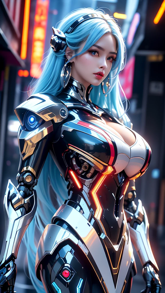 (masterpiece), best quality, expressive eyes, perfect face, beautiful details face, beautiful round eyes, full body, A beautiful mecha woman in mecha armour suit, (determined face), Serious look, (platinum blue hair), (random hairstyles, streaked hair, expressive hair, shiny hair, glowing hair, multicolored hair, gradient hair, colored inner hair, straight hair, medium long hair), fair skin, (full detailed mecha cybernetic suit:1.3), (full body cyber armour), Mechanical Puppet, glowing and shining armour, gold and red cyber armour, (Gigantic mechanical wing:1.2), (Edge lights:1.3), (silver and red colour scheme:1.3), (colorful armor:1.2), neon light on armour, beautiful details eyes, (emerald eyes), (glowing eyes:1.2), huge breasts, thick body, (well accentuated curves), pink lips, silver nails, mascara, Long eyelashes, eyeliners, extremely wide hips, beautiful massive thick thighs, slender figure, (Extremely detailed skin texture:1.2), beautiful detailed realistic muscle definition, golden lights that shimmer, high detailed eyes, ultra-high quality model, proportionate, intense colouration fantasy, (cyber city as background), blue and gold tetradic colours, earrings, (1girl), solo, cowboy shot, shine, glowing