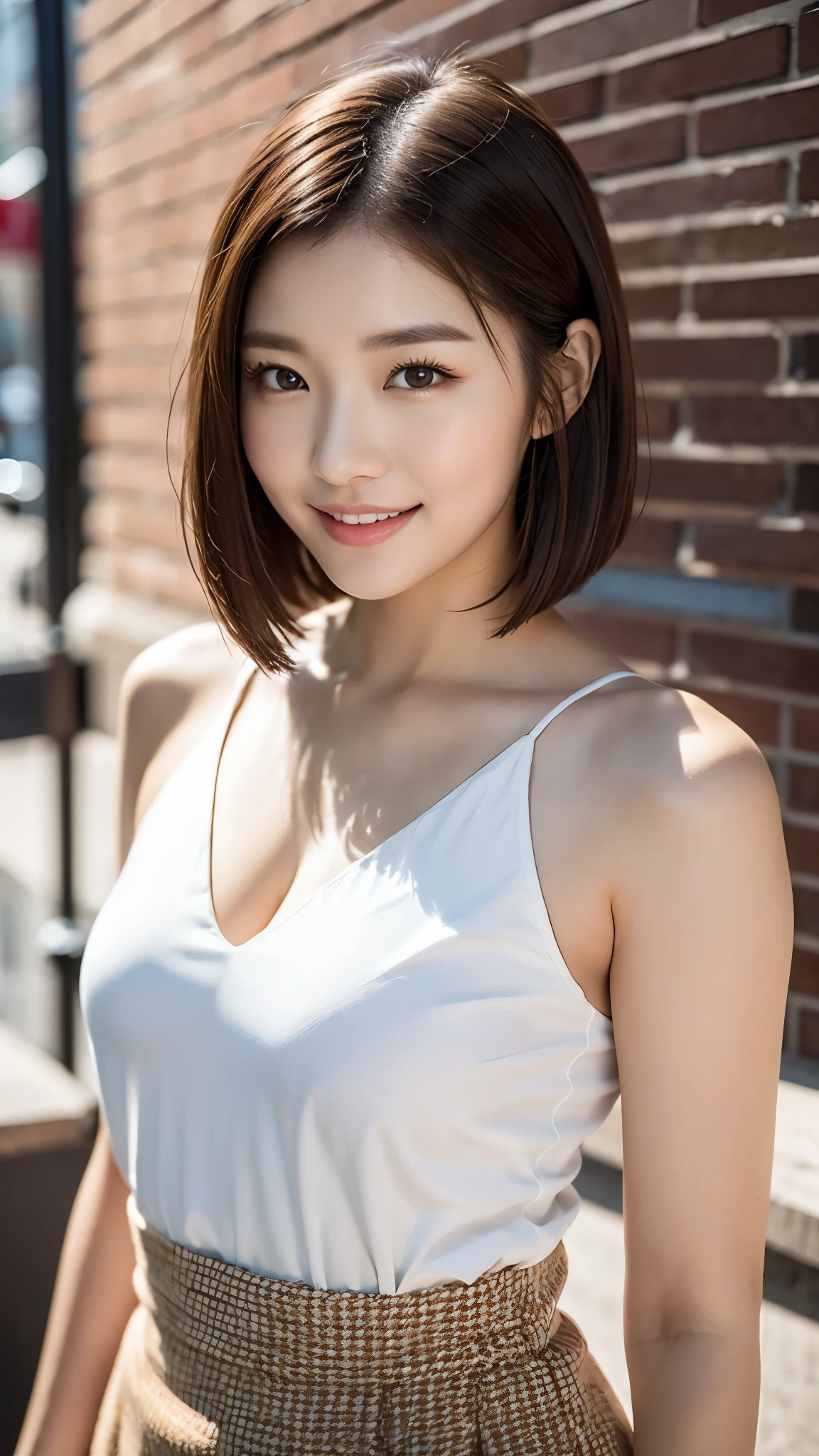 Beautiful Korean girl with good style、white and beautiful skin、short height、brown hair、bob cut hair、reddish brown eyes、slanted eyes、thin eyebrows、thick lips、smile、fancy clothes、Fashion Model、brick background、