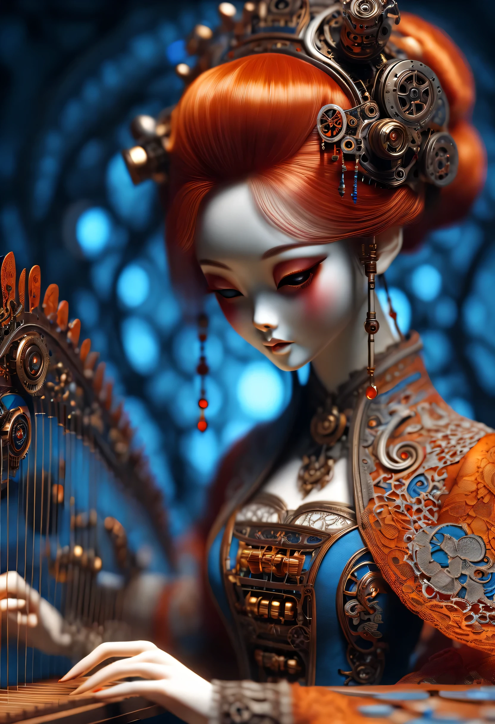 Mechanical doll design，（whole body），（Mechanically constructed Chinese Hanfu doll playing electronic mechanical guzheng）, Beautiful and detailed mechanical ingenuity，（Mechanical clockwork，gear，Mechanical device base），Extra long wavy red head，orangeskirt，8k smoke，Ultra-fine，lifelike，high resolution，Motion ray tracing，discover realism，dramatic lighting，Steampunk elements，Eerie and surreal atmosphere，Intricate lace pattern，exquisite craftsmanship，Gothic aesthetics，strange beauty，[high dynamic range]，[Fear]，[concept artist]，[keen focus]，[main]，[bright colors]，[Bokeh]，Long range shooting，Blue-orange