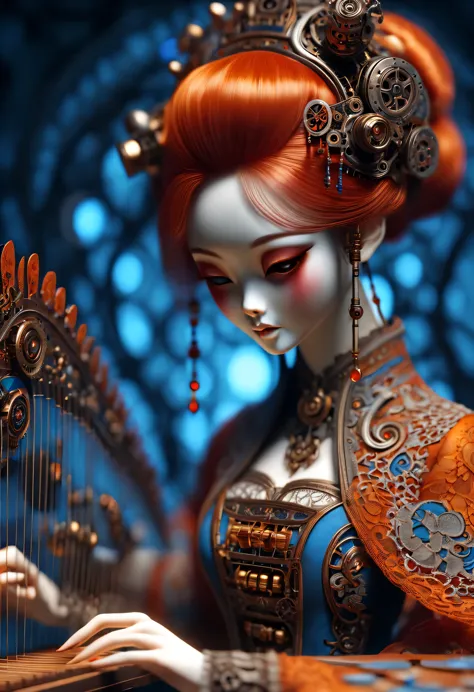 Mechanical doll design，（whole body），（Mechanically constructed Chinese Hanfu doll playing electronic mechanical guzheng）, Beautif...