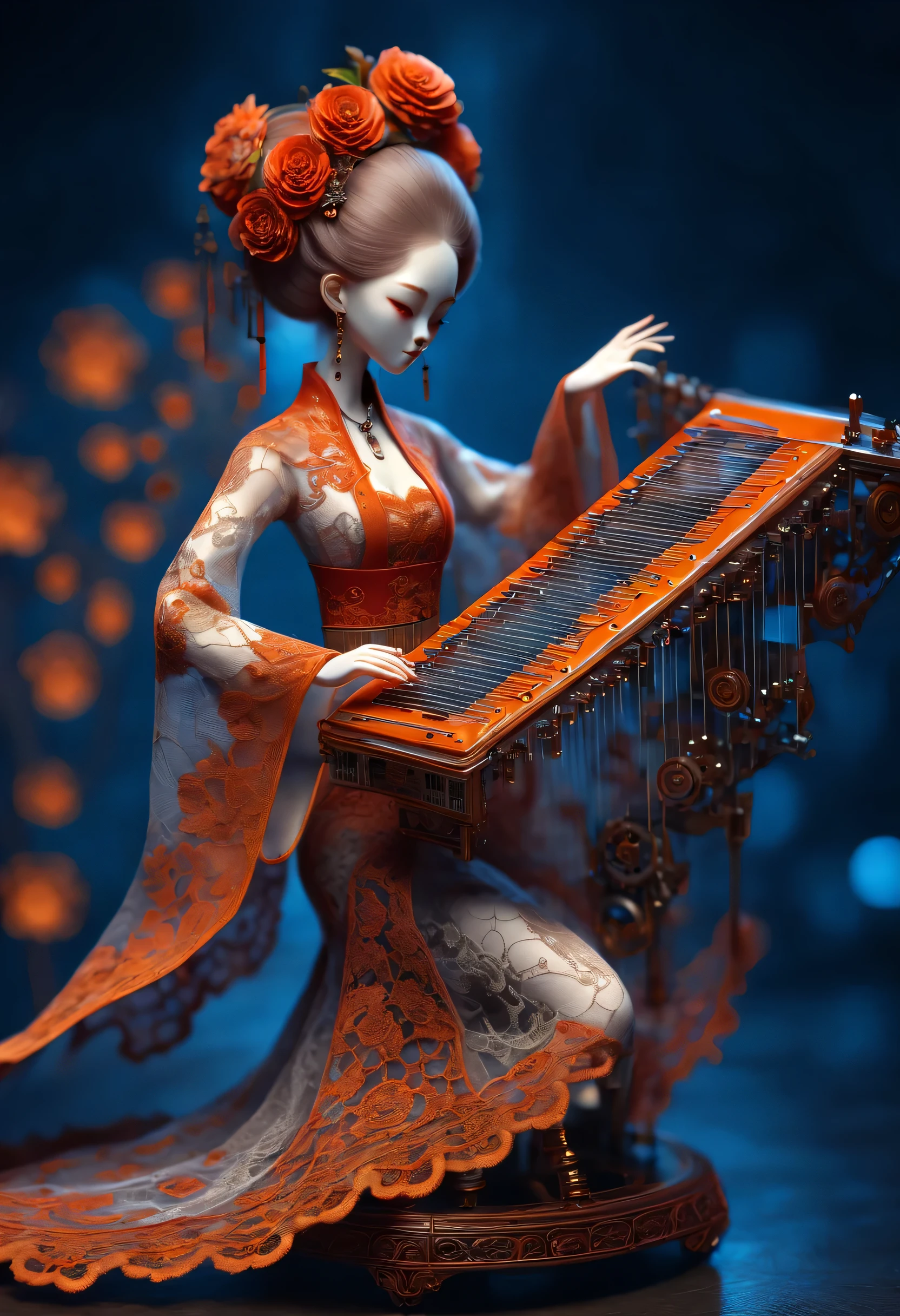 Mechanical doll design，（whole body），（Mechanical Hanfu doll playing electronic mechanical guzheng）, Beautiful and detailed mechanical ingenuity，（Transparent mechanical clockwork gear body），Mechanical device base），Extra long wavy red head，orangeskirt，8k smoke，Ultra-fine，lifelike，high resolution，Motion ray tracing，realism，dramatic lighting，Steampunk elements，Eerie and surreal atmosphere，Intricate lace pattern，exquisite craftsmanship，Gothic aesthetics，strange beauty，[high dynamic range]，[Fear]，[concept artist]，[keen focus]，[main]，[bright colors]，[Bokeh]，Long range shooting，Blue-orange