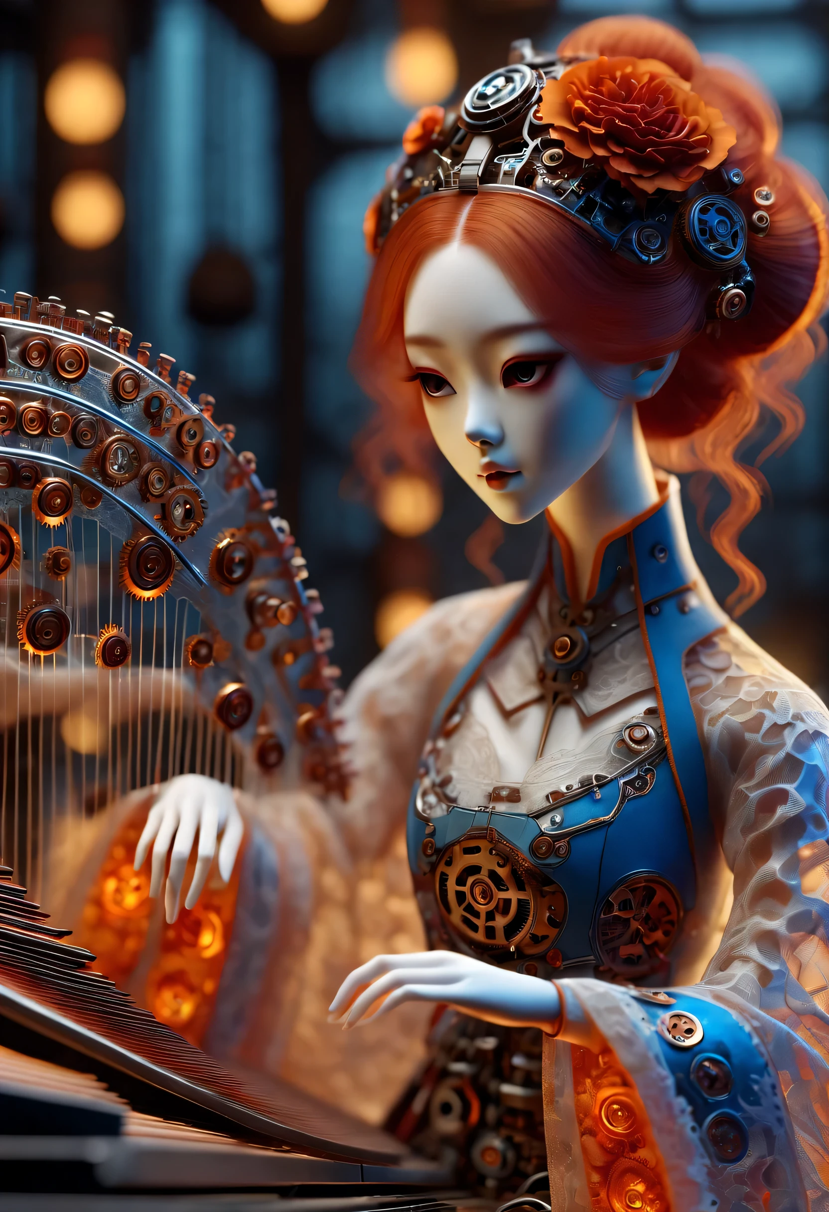 Mechanical doll design，（whole body），（Mechanical Hanfu doll playing electronic mechanical guzheng）,（translucent body made of mechanical springs and gears：0.85），Mechanical device base），Extra long wavy red head，orangeskirt，8k smoke，Ultra-fine，lifelike，high resolution，Motion ray tracing，realism，dramatic lighting，Steampunk elements，Eerie and surreal atmosphere， Beautiful and detailed mechanical ingenuity，Intricate lace pattern，exquisite craftsmanship，Gothic aesthetics，strange beauty，[high dynamic range]，[Fear]，[concept artist]，[keen focus]，[main]，[bright colors]，[Bokeh]，Long range shooting，Blue-orange