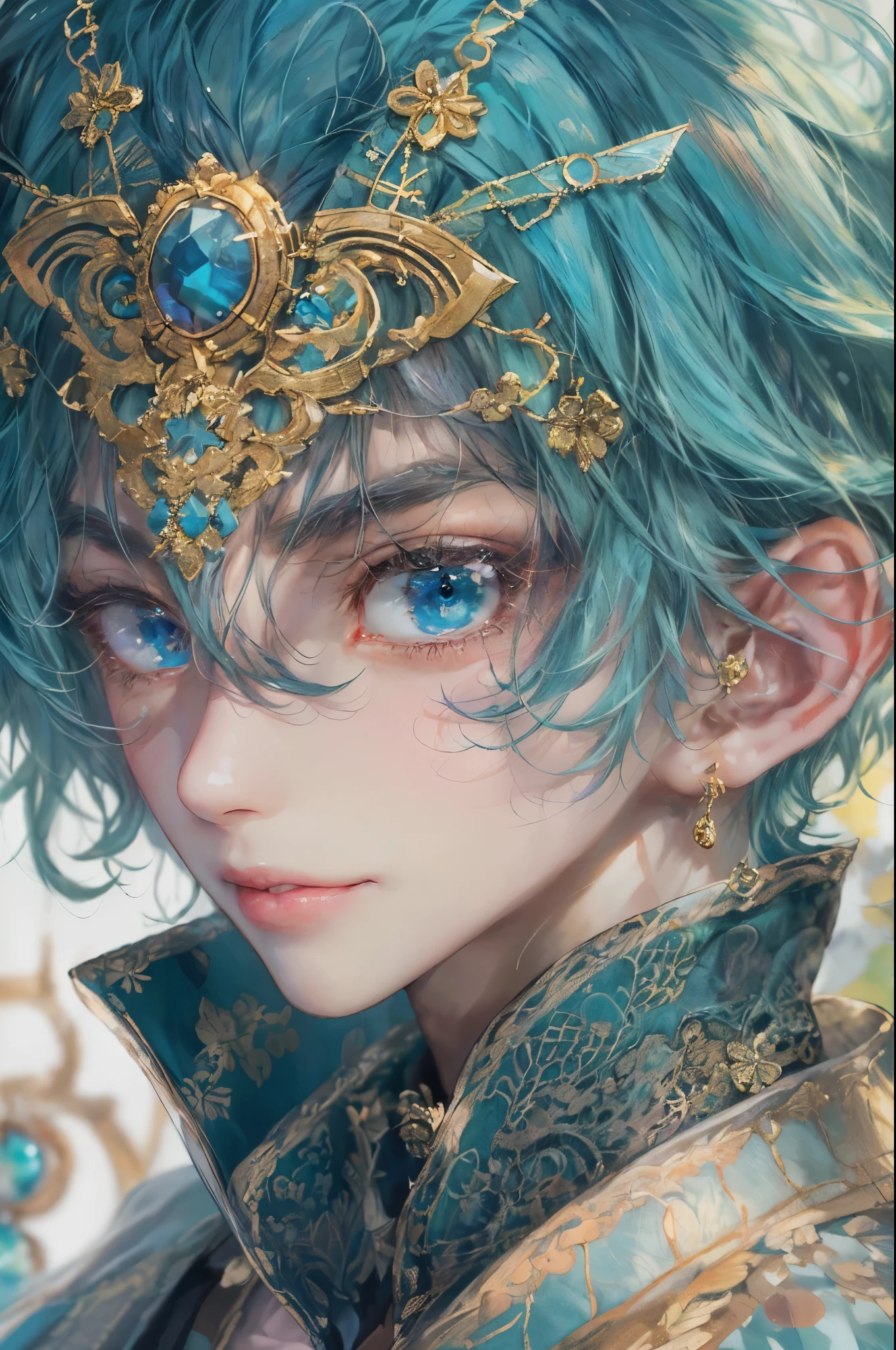 ((absurdres, highres, ultra detailed), 1 boy , front view, young boy, handsome boy villain character from sugar sugar rune, detailed hair with detailed headgear ornaments, detailed short hair, anime eyes, detailed mage clothes with little purple details showing,finely detailed eyes red details showing and detailed face, smirk, dimples, extremely detailed CG unity 8k wallpaper, blue details on side, intricate details yellow details on left, portrait, ruin of pink roses, market theme, eyes on viewer, detailed houses town scenery background