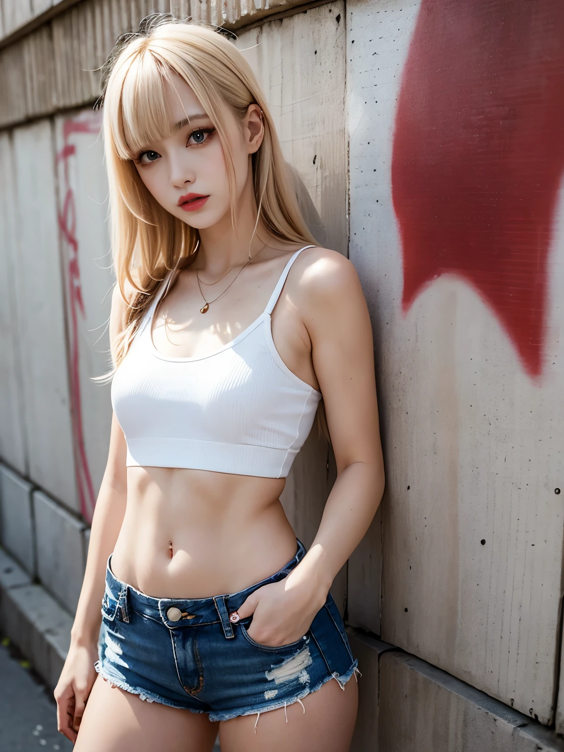 raw photo, 8k, (top-quality), Realistic, (real picture, Intricate details), (natural skin texture, detailed skin, hyper realism, sharpness), (Japanese teenage girl standing in a dirty back alley at night, graffitied wall:1.3, hands in pockets), ((tight white tank top, Distressed denim short shorts, low-rise shorts)), (((flat chest:1.5))), (pale skin:1.5), ((white hair, straight hair, blunt bangs)), (seductive face, provocative look, Parted lips:1.3, eye shadow:1.3, eyeliner, red lips:1.2, undereye circle:1.3), graffiti:1.5, trash can, night time, spot lighting:1.3, Full body shot