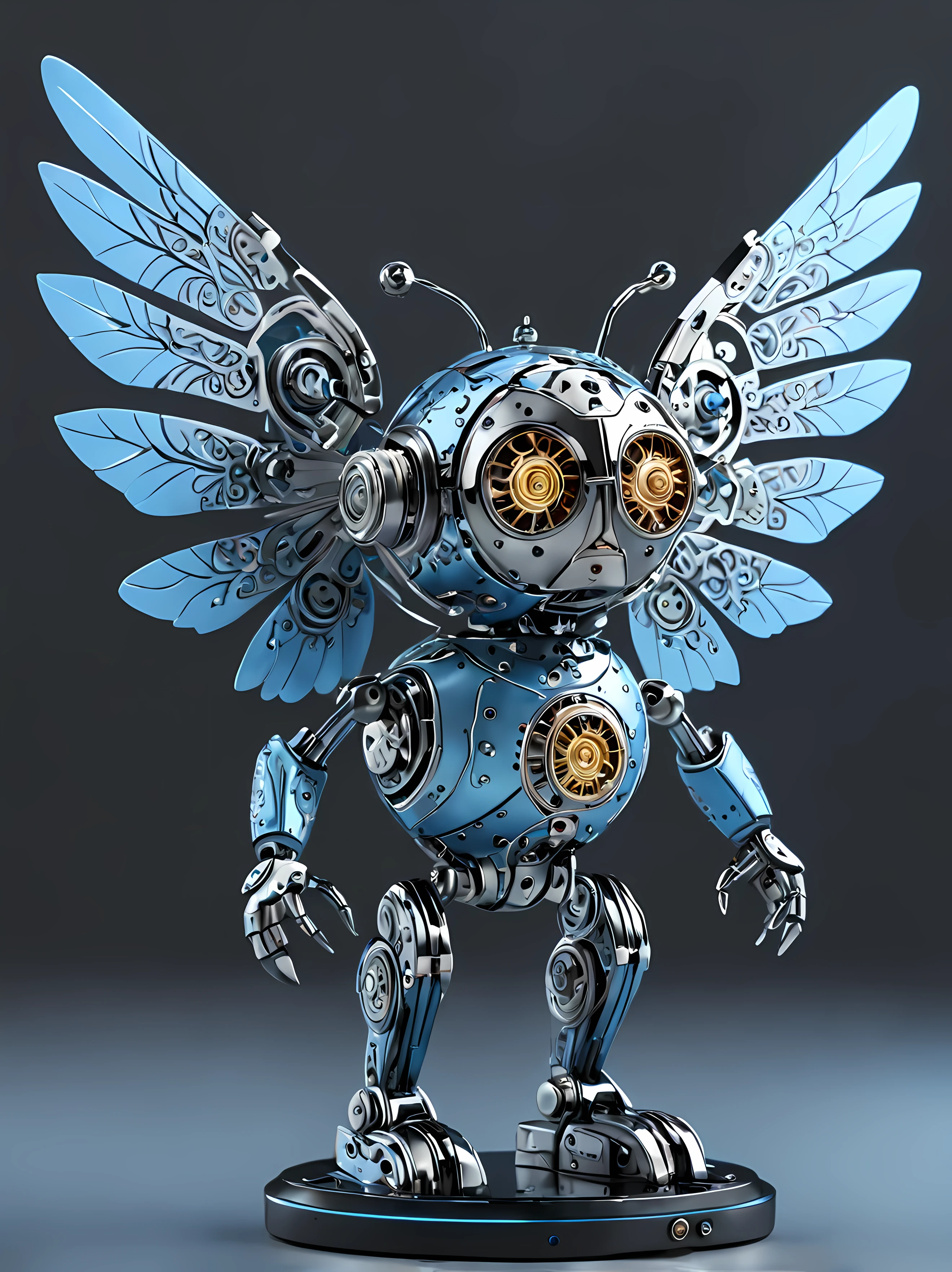 Full shot, cute cartoon style, design a mesmerizing mechanical Automaton representing the air element, polished metal body, delicate mechanical wings, subtle glowing LED lights, light blue intricate design, elegant, masterpiece in maximum 16K resolution, superb quality. | ((More_Detail))