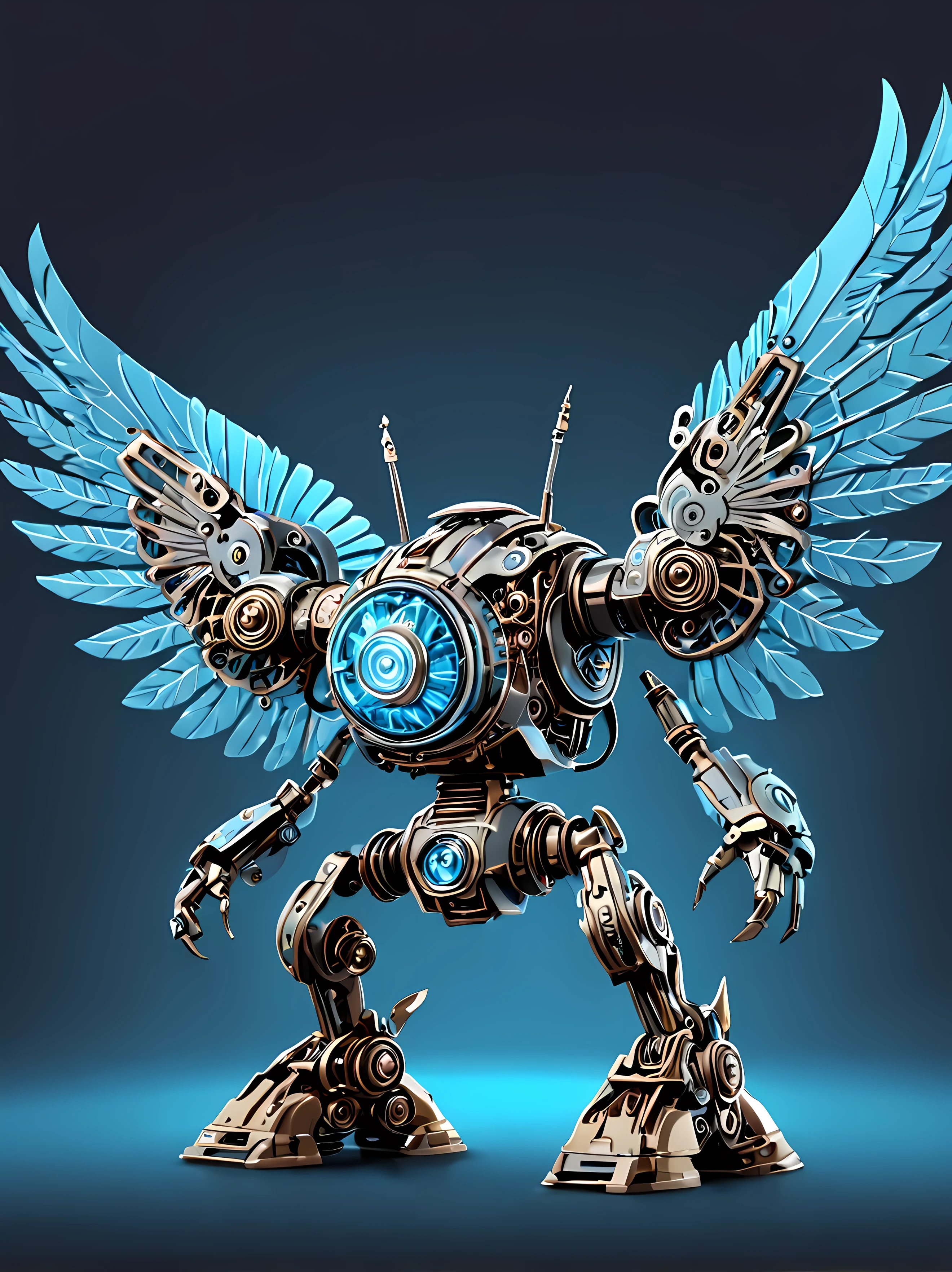 Full shot, cute cartoon style, design a mesmerizing mechanical Automaton representing the air element, polished metal body, delicate mechanical wings, subtle glowing LED lights, light blue intricate design, elegant, masterpiece in maximum 16K resolution, superb quality. | ((More_Detail))