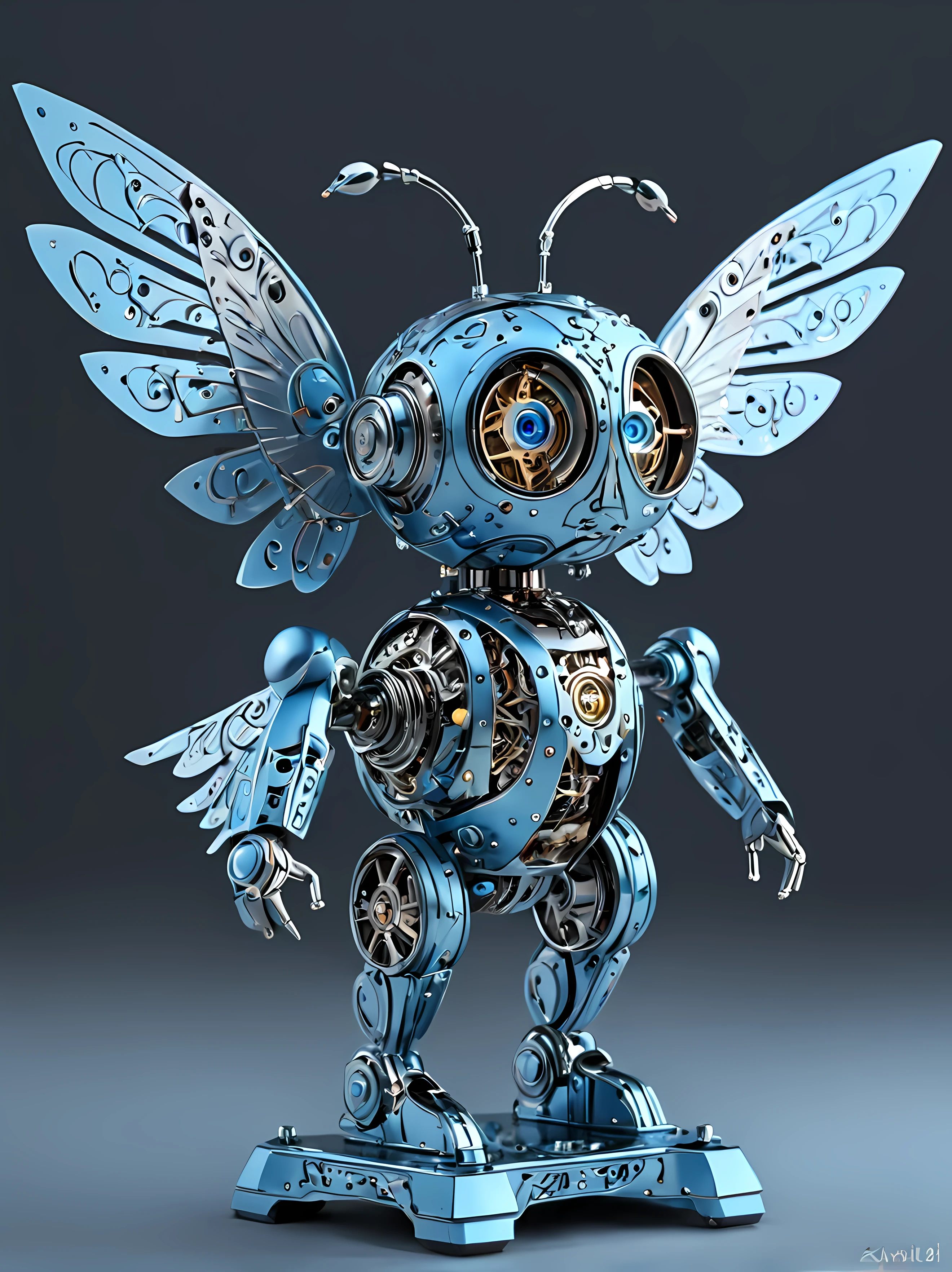 Full shot, cute cartoon style, design a mesmerizing mechanical Automaton representing the air element, polished metal body, delicate mechanical wings, subtle glowing LED lights, light blue intricate design, elegant, masterpiece in maximum 16K resolution, superb quality. | ((More_Detail))