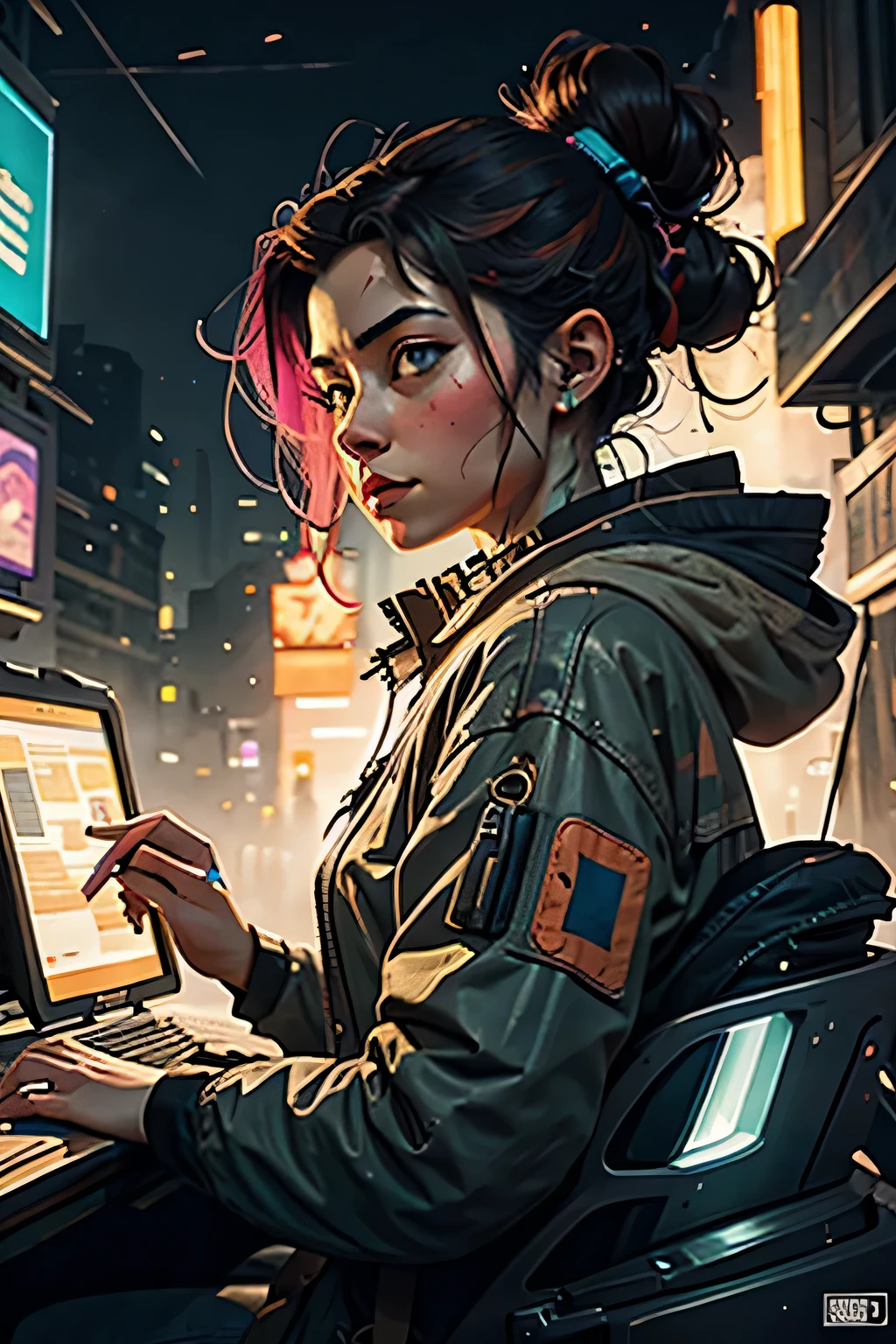 watercolor digital art of a cyberpunk small serious woman, lost inside a glowing antique runes storm with computer code lines flying around , trending on artstation, bright colors
