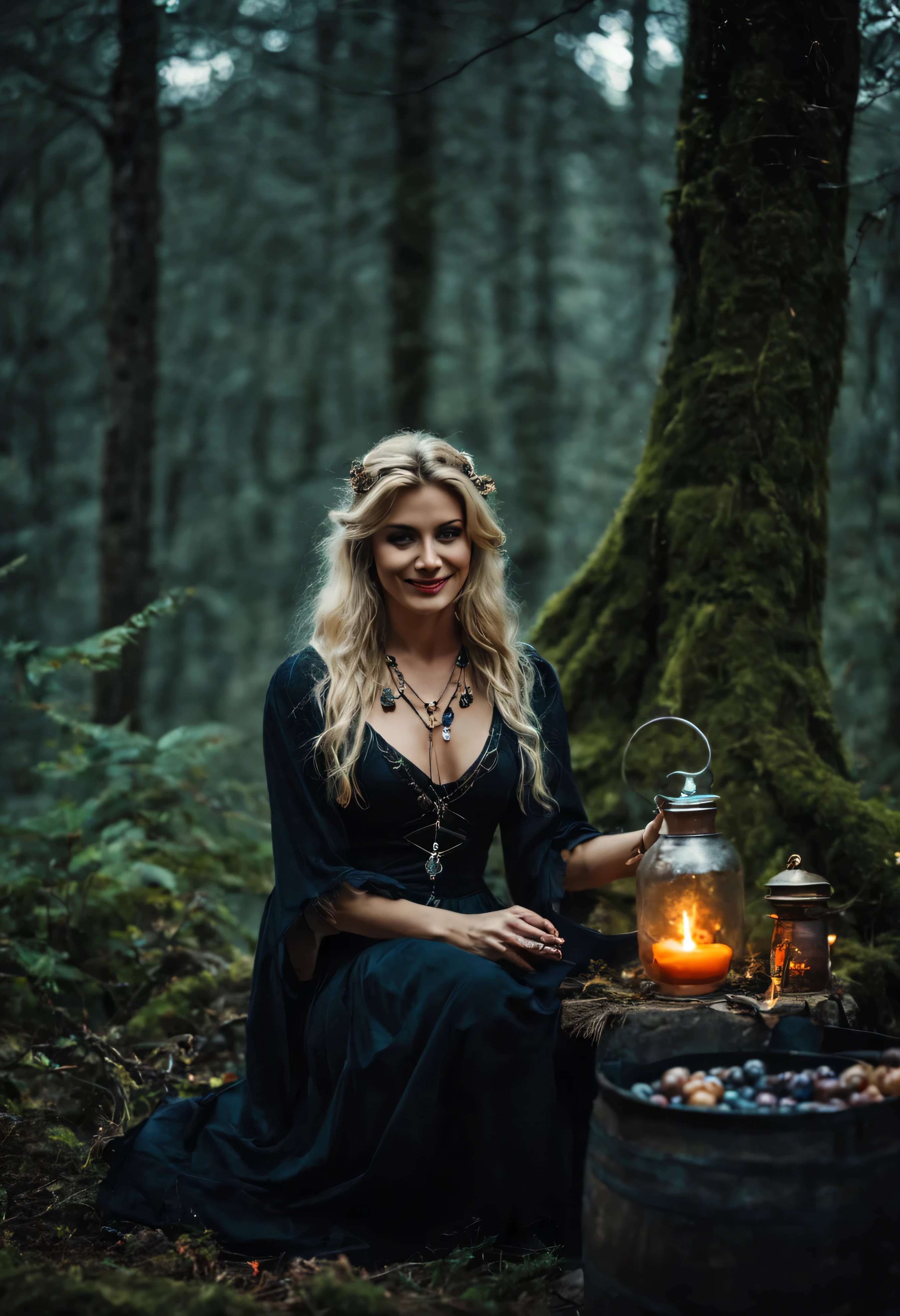 Мистическая белокурая ведьма с загадочной улыбкой, носить зачарованные украшения, варю зелья в древнем лесу, сумерки, атмосферный снимок.