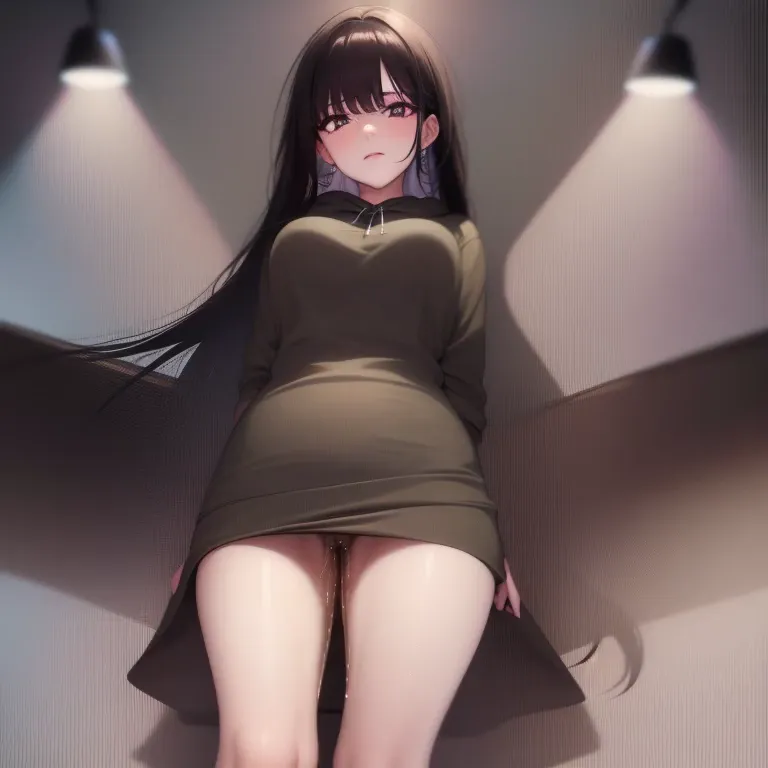 big hoodie, 超big hoodie, skirt, tennis skirt, black衣服, black, cover up, long hair, straight hair, stand up, view from below, big...