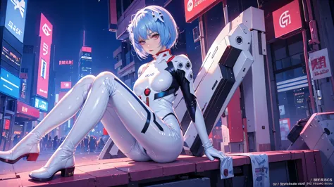 (Realistic, photoRealistic), Ayanami_wang, 1girl in, Blue short hair, white hair ornament, ((White bodysuit, gloves)), Saihar bo...