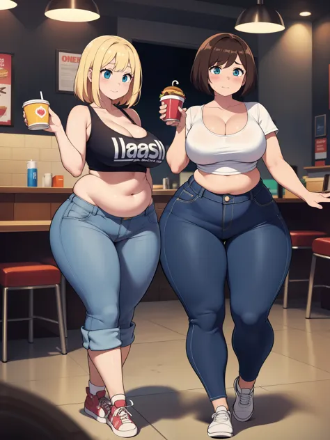((highres)), high quality, best quality, masterpiece, perfect lighting, detailed face, ultra cute face, ((2girls)), ((blush)), embarrassed, one girl has blonde hair, blue eyes, crop top and shorts, one girl has brown hair, green eyes, jeans, white shirt, t...