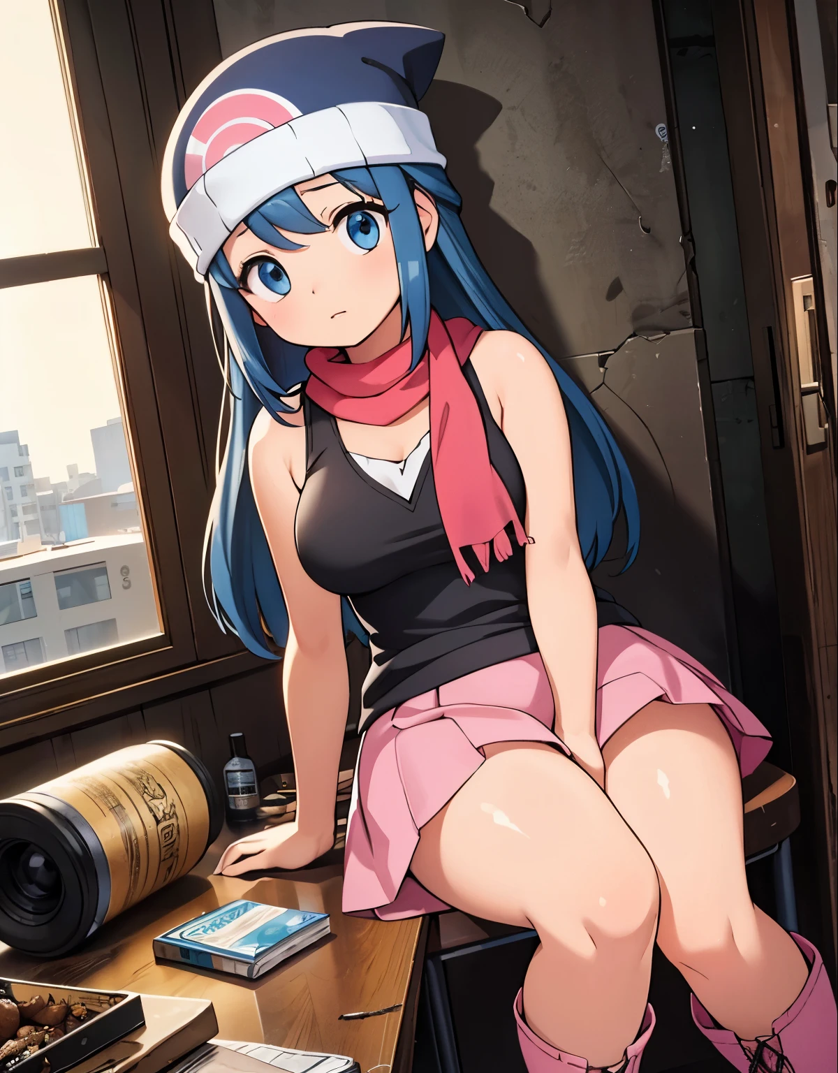 (best quality,4k,8k,highres,masterpiece:1.2),ultra-detailed,(realistic,photorealistic,photo-realistic:1.37),a sleeping girl in an abandoned school,dirty,full of garbage,alcohol bottles,and cigarettes,illustration,dark and gritty style,\(pokemon\), beanie, long hair, blue hair, blue eyes, black sleeveless shirt, pink scarf, pink skirt, pink boots, body shape, chubby thighs, thick thighs, torn clothes, medium breasts,dramatic lighting,