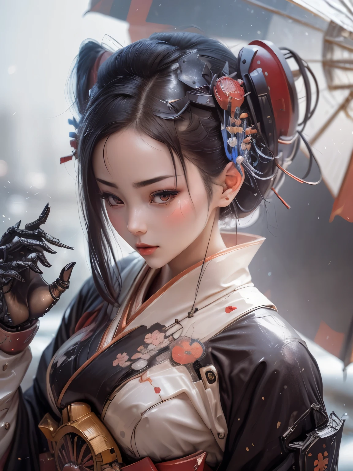 sci-fi, realistic photo,  full bod shot, 1 mechanical girl, mechanical parts, mechanical face, mechanical hands, mechanical body, mechanical legs, cybernetic, android geisha, wearing traditional Japanese clothing and a parasol, elegant mix of japanese woman and mechanical robot, japanese android geisha, traditional geisha clothing, beauty mechanical geisha, geisha hairstyle, Portrait of a mechanical geisha, mechanical parts, mechanical face, mechanical hands, visible mechanical element (mechanical body,mechanical arms :1.4), full boddy shot, depth of field, film grain, raw photo