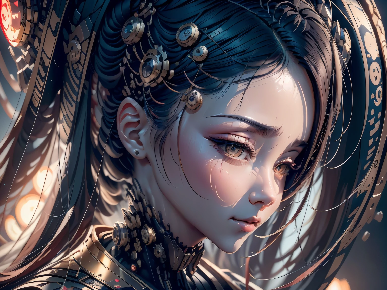 dark sci-fi, 1 emchanical girl, mechanical parts, mechanical face, cybernetic, android geisha, wearing traditional Japanese clothing and a parasol, elegant mix of japanese woman and mechanical robot, japanese android geisha, traditional geisha clothing, beauty mechanical geisha, geisha hairstyle, Portrait of a mechanical geisha, mechanical parts, mechanical face, mechanical hands, visible mechanical element (mechanical body,mechanical arms :1.4),