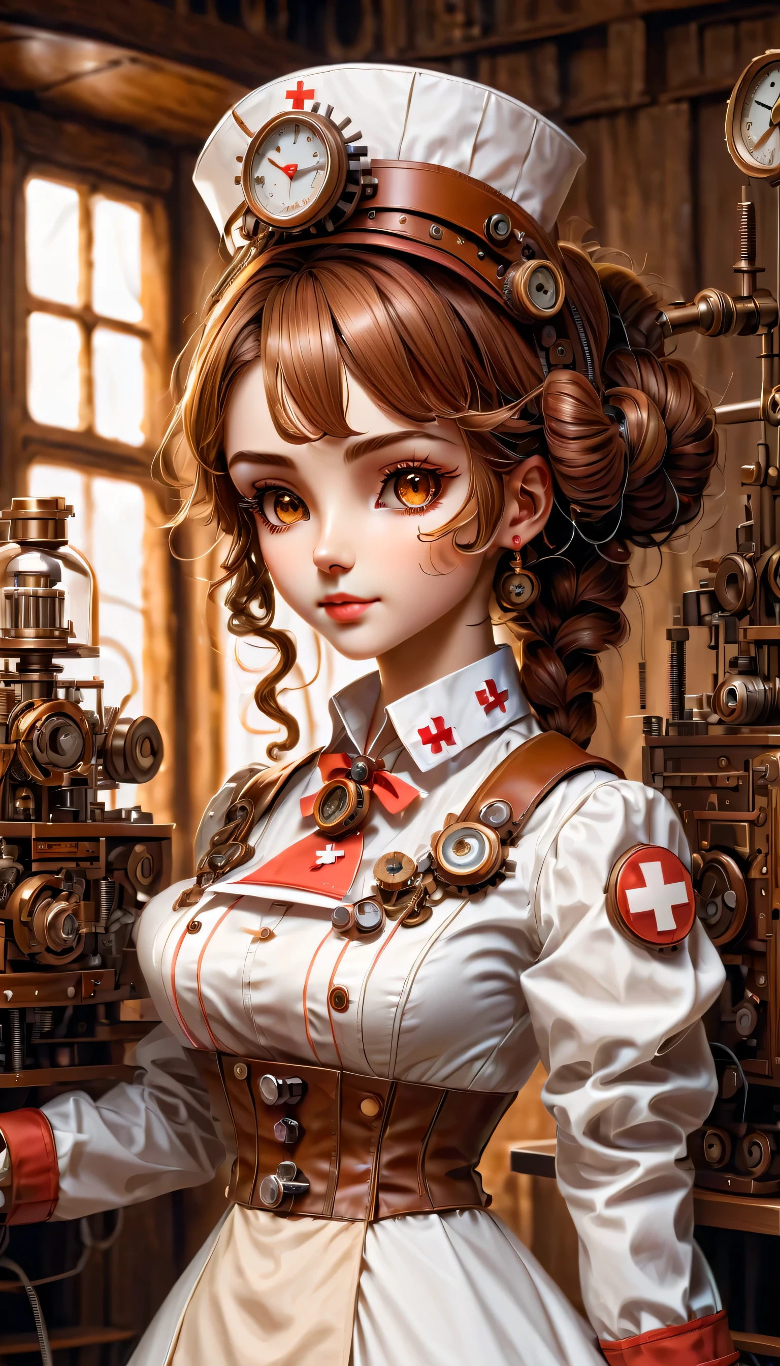機構:ヒューマノイド:看護師:16th century European 看護師 uniform:全身,人形の顔:完璧な顔:大きな茶色の目,まつげ,ヘアワイヤーを隠す,彼女は機械でできている,スチームパンク要素,機械的な engineering,機械的なly,機械的な,ポップ,かわいい,複雑なディテール,非常に細かい,高解像度,高品質,最高品質,明らかに,はっきりする,美しい光と影,3次元,愛らしい外見,複雑な構成,機構,動的,忙しい,一生懸命働く,応援したくなる表現,医療機器,医療用品棚,瓶,それが機械であるという証拠を示す,窓からの光