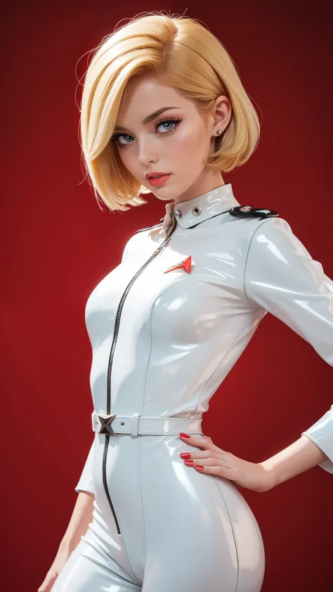 (((masterpiece))) redhead woman with short hair in (((Wearing a 1950s or 1960s pulp science fiction costume, spy look, Black and...
