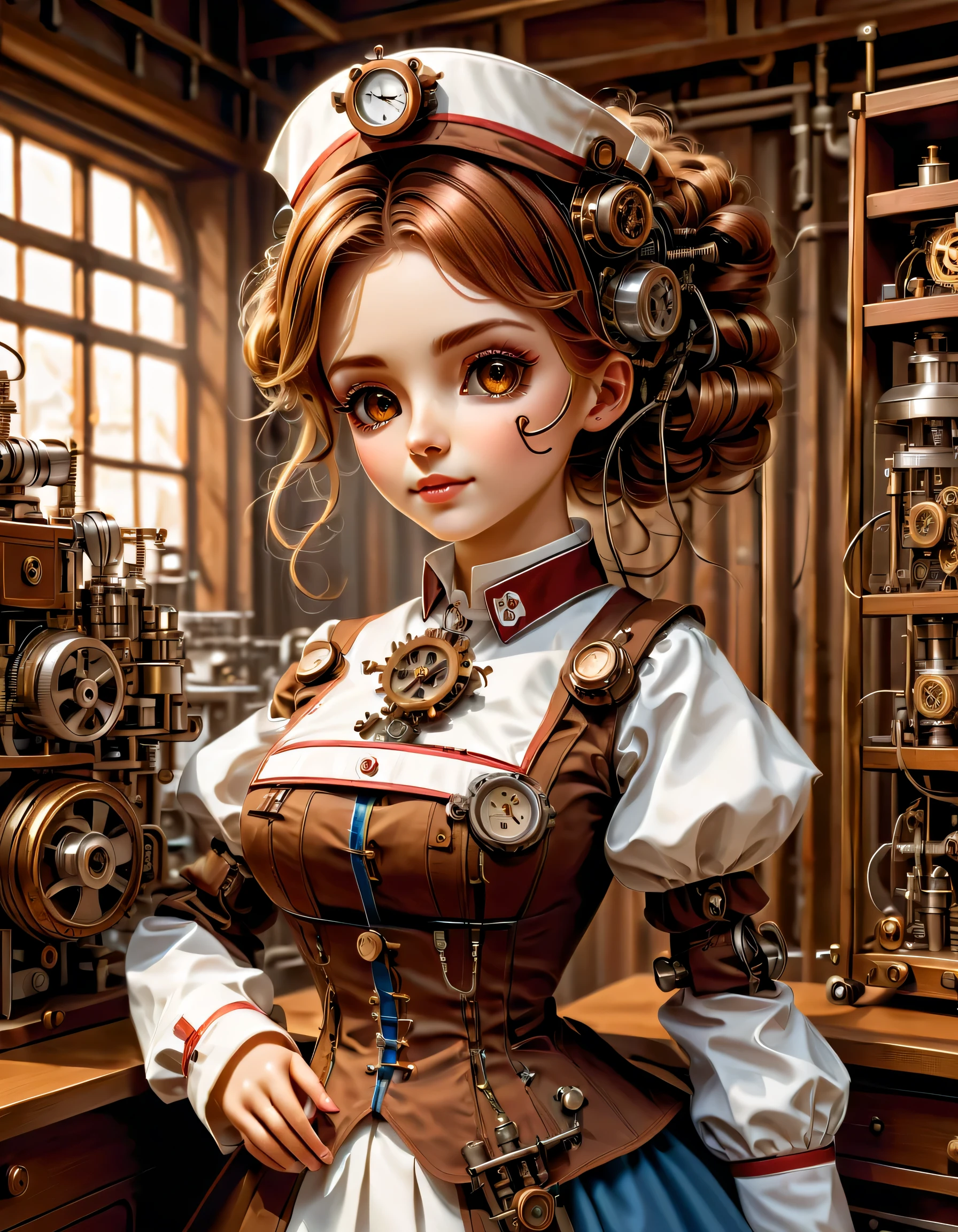 mechanism:humanoid:nurse:16th century European nurse uniform:whole body,doll face:perfect face:big brown eyes,eyelash,hide hair wires,she is made of machinery,Steampunk element,Mechanical engineering,Mechanically,Mechanical,pop,cute,intricate details,very fine,High resolution,high quality,最high quality,clearly,Be clear,beautiful light and shadow,Three dimensions,adorable appearance,complex configuration,mechanism,dynamic,busy,Work hard,An expression that makes you want to support,Medical equipment,medical supplies shelf,vial,show evidence that it is a machine,light from window