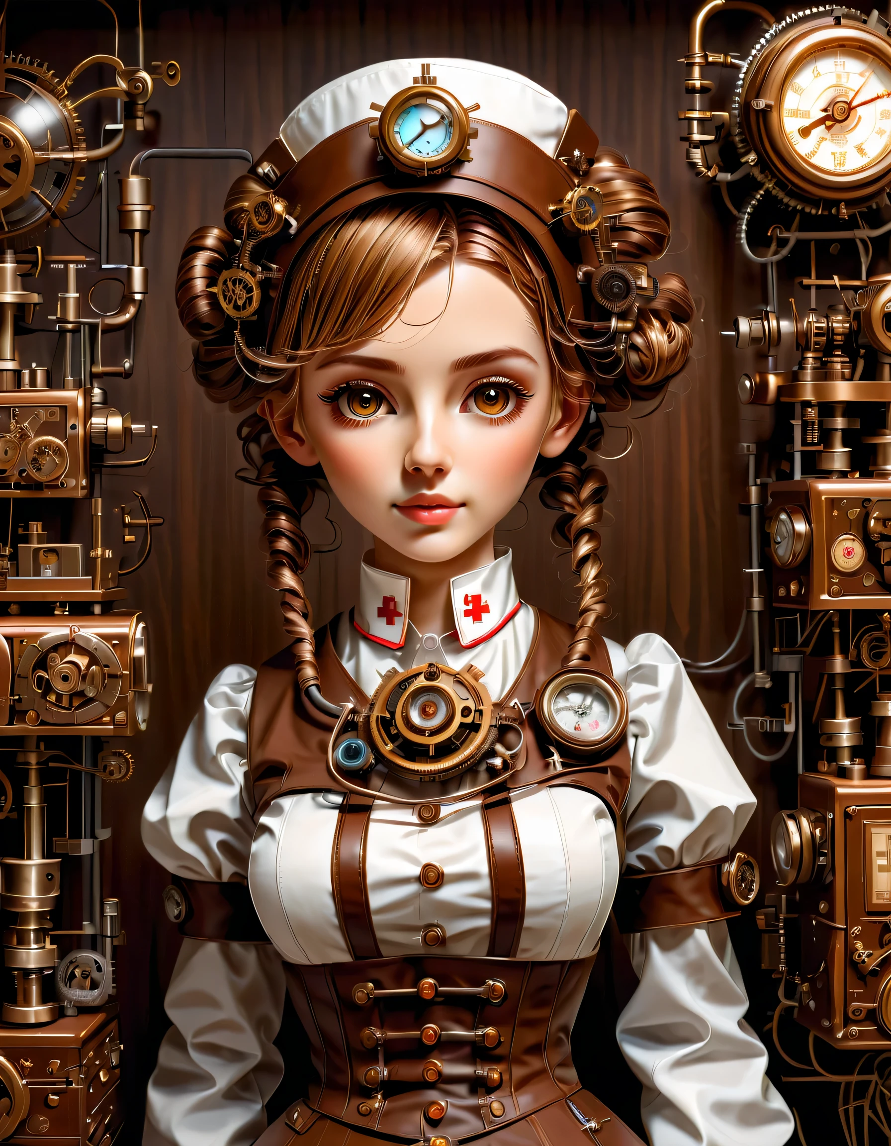 mechanism:humanoid:nurse:16th century European nurse uniform:whole body,doll face:perfect face:big brown eyes,eyelash,hide hair wires,she is made of machinery,Steampunk element,Mechanical engineering,Mechanically,Mechanical,pop,cute,intricate details,very fine,High resolution,high quality,最high quality,clearly,Be clear,beautiful light and shadow,Three dimensions,adorable appearance,complex configuration,mechanism,dynamic,busy,Work hard,An expression that makes you want to support,Medical equipment,medical supplies shelf,vial,show evidence that it is a machine,light from window