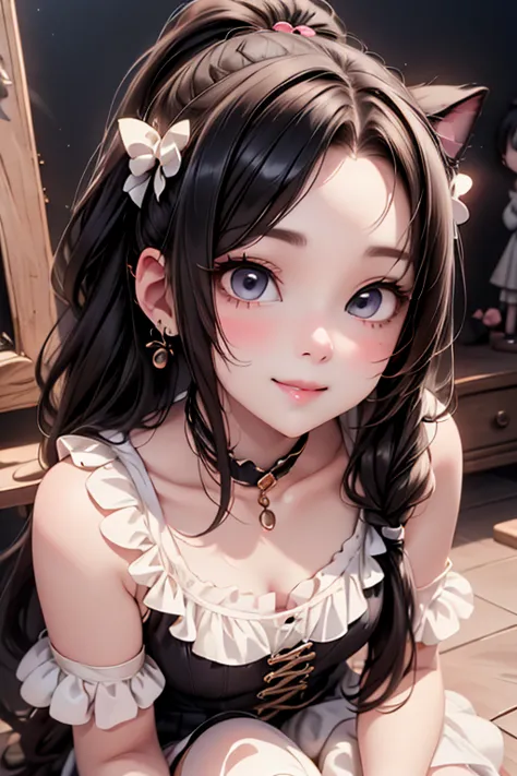 masterpiece, best quality, a cute mechanical_puppet smiling, long hair, (white skin:1.6), red smokey eyes makeup, cblack and whi...