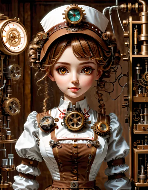 mechanism:humanoid:nurse:16th century european nurse uniform:whole body,doll face:perfect face:big brown eyes,eyelash,hide hair ...