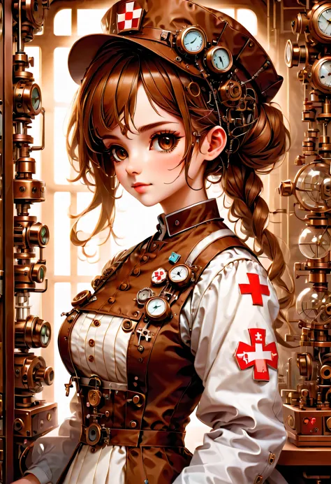 mechanism:humanoid:nurse:16th century European nurse uniform:whole body,doll face:perfect face:big brown eyes,eyelash,hide hair ...