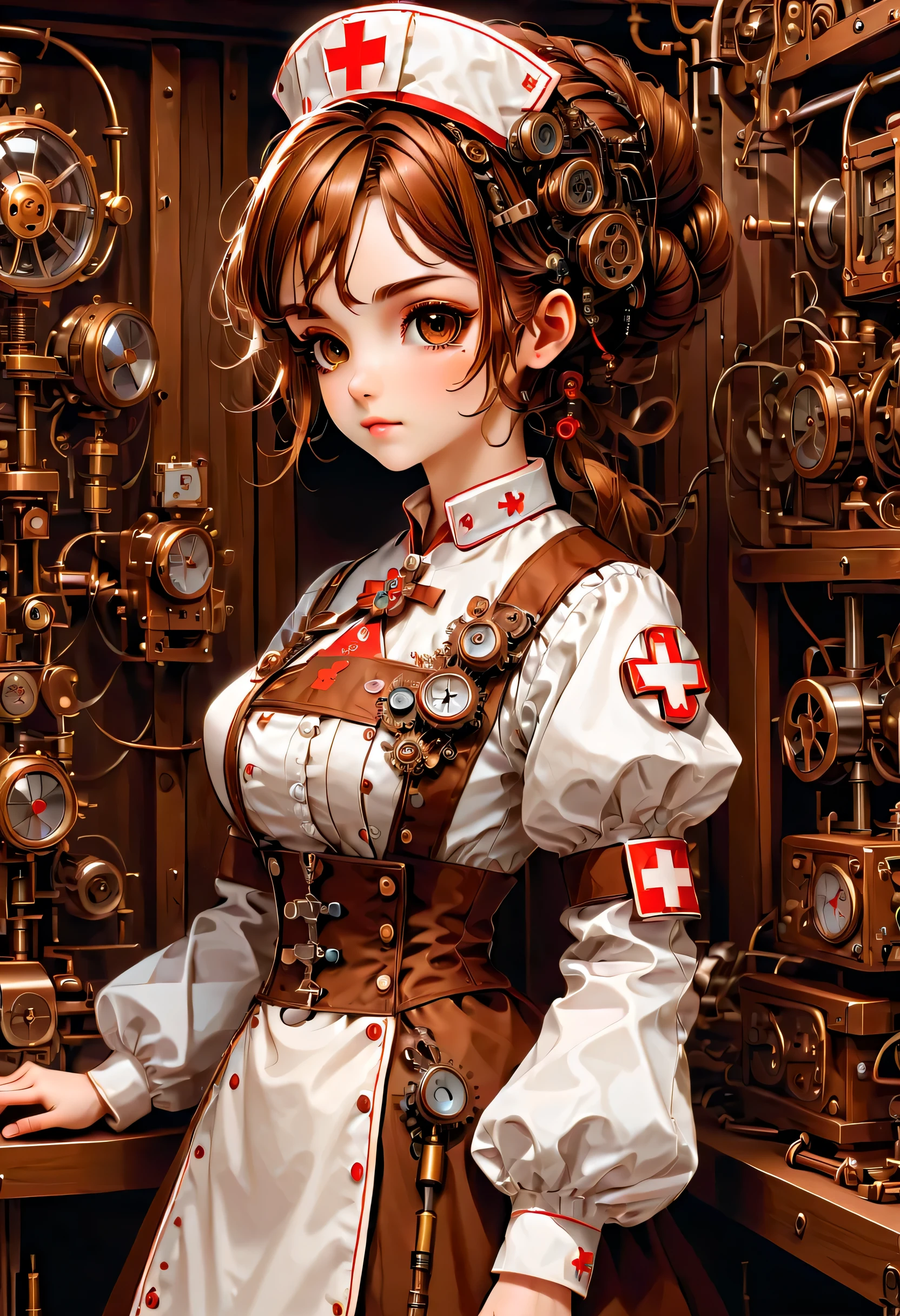 Mechanismus:Humanoid:Krankenschwester:16th century European Krankenschwester uniform:ganzer Körper,Puppengesicht:Perfektes Gesicht:große braune Augen,Wimper,Haare verstecken Drähte,Sie besteht aus Maschinen,Steampunk element,mechanisch engineering,mechanischly,mechanisch,Pop,Niedlich,komplizierte Details,Sehr gut,hohe Auflösung,gute Qualität,最gute Qualität,deutlich,Klar sein,schönes Licht und Schatten,Drei Dimensionen,Entzückendes Aussehen,komplexe Konfiguration,Mechanismus,dynamisch,beschäftigt,Hart arbeiten,Ein Ausdruck, der Lust macht, zu unterstützen,Medizinische Ausrüstung,Regal für medizinisches Zubehör,Phiole,Beweise vorlegen, dass es sich um eine Maschine handelt,Licht vom Fenster