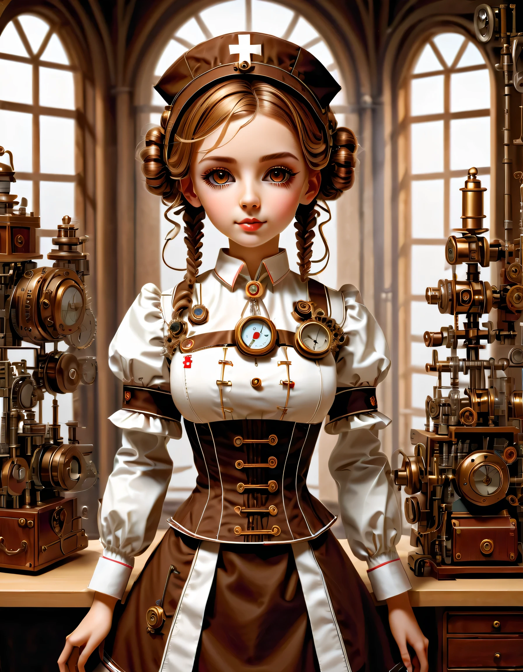 mechanism:humanoid:nurse:16th century European nurse uniform:whole body,doll face:perfect face:big brown eyes,eyelash,hide hair wires,she is made of machinery,Steampunk element,Mechanical engineering,Mechanically,Mechanical,pop,cute,intricate details,very fine,High resolution,high quality,最high quality,clearly,Be clear,beautiful light and shadow,Three dimensions,adorable appearance,complex configuration,mechanism,dynamic,busy,Work hard,An expression that makes you want to support,Medical equipment,medical supplies shelf,vial,show evidence that it is a machine,light from window