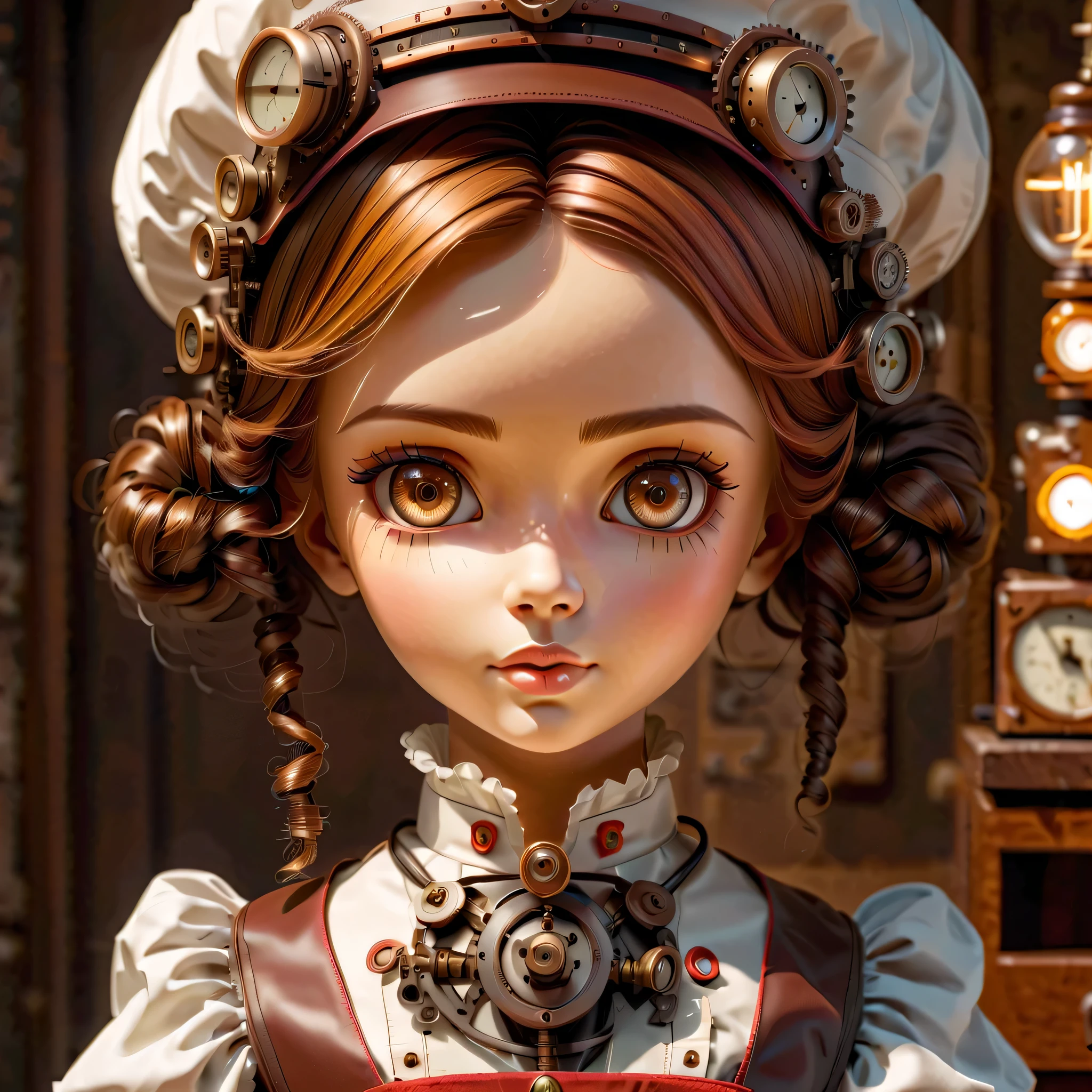 механизм:гуманоид:Медсестра:16th century European Медсестра uniform,лицо куклы:идеальное лицо:большие карие глаза,ресница,спрятать провода для волос,она сделана из машин,Элемент стимпанка,механический engineering,механическийly,механический,поп,милый,сложные детали,Очень хорошо,высокое разрешение,высокое качество,最высокое качество,четко,Будь понятен,красивый свет и тень,Три измерения,Очаровательный внешний вид,сложная конфигурация,механизм,динамичный,занятый,Много работать,Выражение, которое вызывает желание поддержать,Медицинское оборудование,полка для медицинских принадлежностей,флакон,предъявить доказательства того, что это машина,свет из окна,лист дизайна персонажа