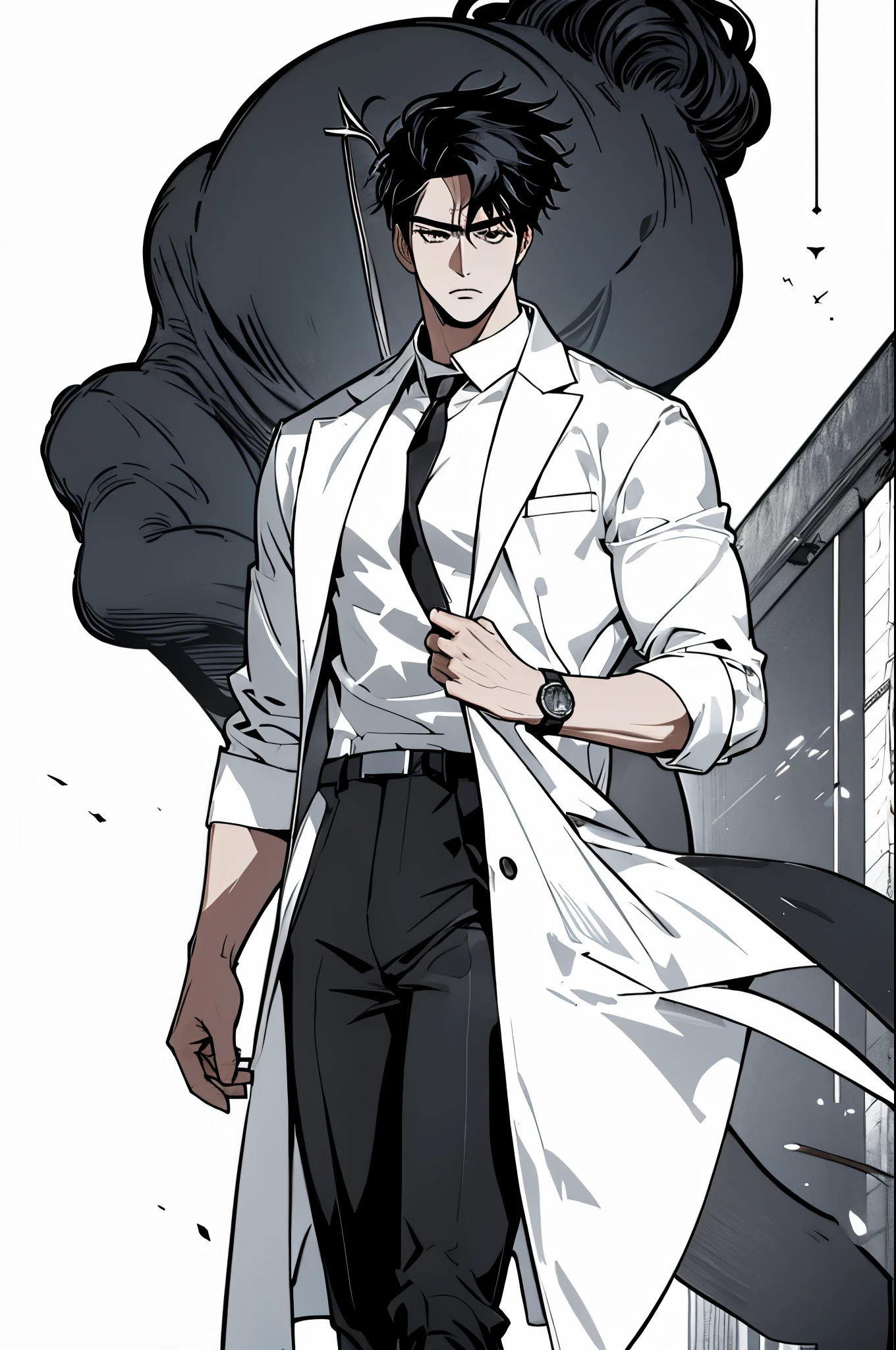 masterpiece, ultra detailed, 4K, 8K, 32K, intricate, (((1boy))), ((black hair)), ((no background)), white background, detailed eyes, white shirt and black pants, , handsome young man, 20 year old, (((same character))), dynamic pose, anatomically correct hands, modern clothing, detailed clothes, (slender body), Hideaki Sorachi, Bleach, Tite Kubo, Kazuki Yone, (((stylish haircut)))