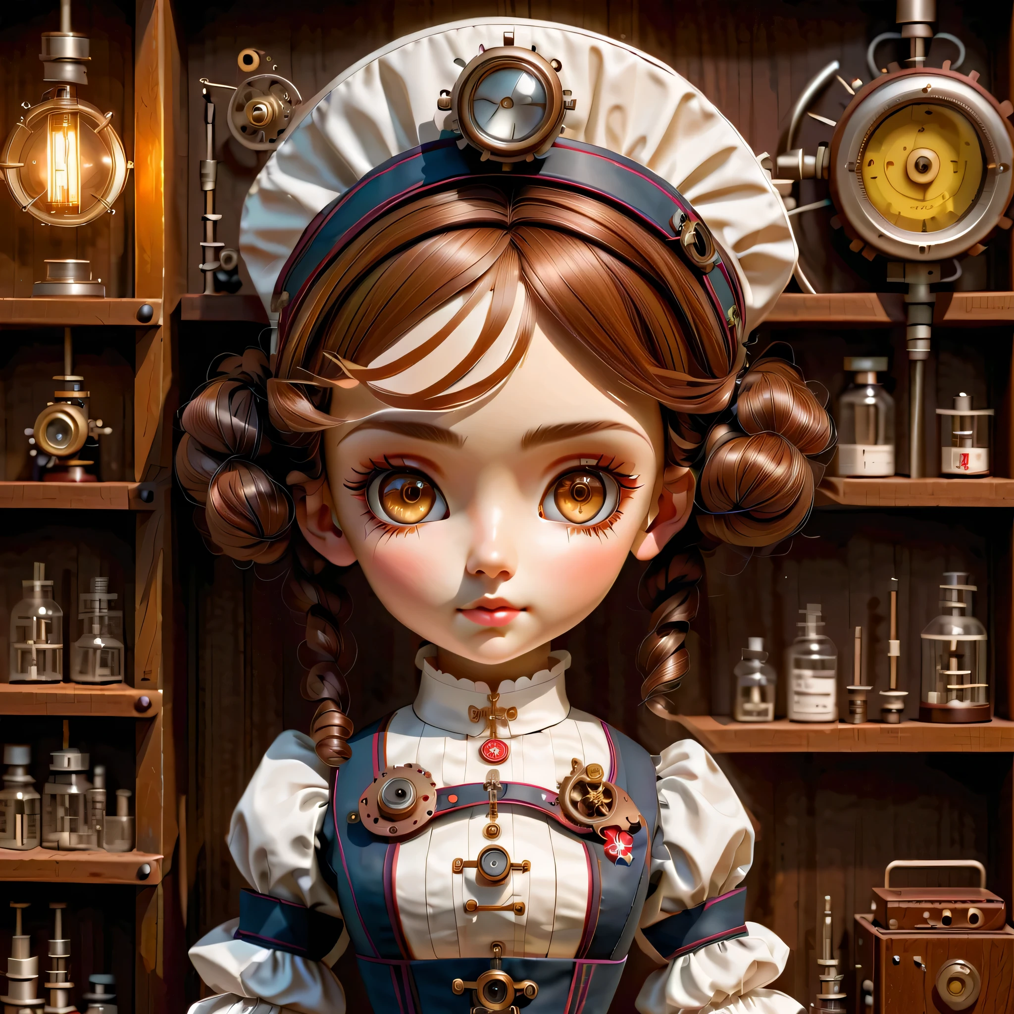 机制:人形生物:护士:16th century European 护士 uniform,娃娃脸:完美脸蛋:大大的棕色眼睛,睫毛,隐藏头发丝,她是由机械制成的,蒸汽朋克元素,机械的 engineering,机械的ly,机械的,流行音乐,可爱的,复杂的细节,很好,高分辨率,高质量,最高质量,清楚地,清楚,美丽的光影,三个维度,可爱的外表,复杂配置,机制,动态的,忙碌的,努力工作,让人想支持的表情,医用器材,医疗用品货架,小瓶,提供证据表明它是一台机器,窗户透出的光线,角色设计表