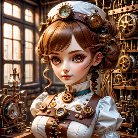 mechanism:humanoid:nurse:16th century European nurse uniform,doll face:perfect face:big brown eyes,eyelash,hide hair wires,she i...