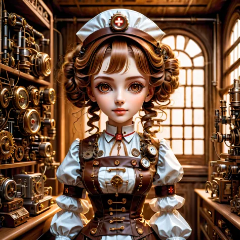 mechanism:humanoid:nurse:16th century European nurse uniform,doll face:perfect face:big brown eyes,eyelash,hide hair wires,she i...