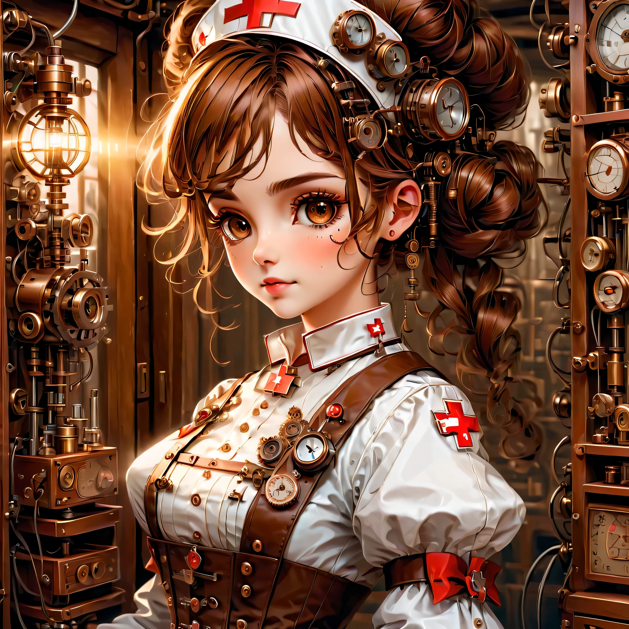 mechanism:humanoid:nurse:16th century European nurse uniform,doll face:perfect face:big brown eyes,eyelash,hide hair wires,she is made of machinery,Steampunk element,Mechanical engineering,Mechanically,Mechanical,pop,cute,intricate details,very fine,High resolution,high quality,最high quality,clearly,Be clear,beautiful light and shadow,Three dimensions,adorable appearance,complex configuration,mechanism,dynamic,busy,Work hard,An expression that makes you want to support,Medical equipment,medical supplies shelf,vial,show evidence that it is a machine,light from window