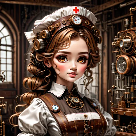 mechanism:humanoid:nurse:16th century european nurse uniform,doll face:perfect face:big brown eyes,eyelash,hide hair wires,she i...