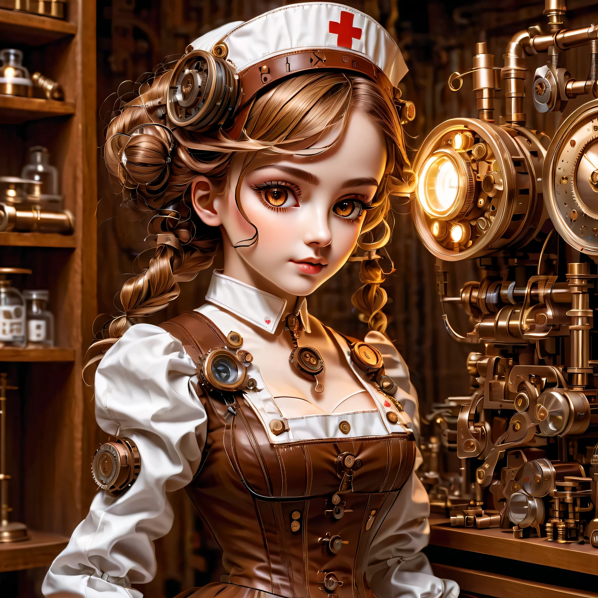 механизм:гуманоид:Медсестра:16th century European Медсестра uniform,лицо куклы:идеальное лицо:большие карие глаза,ресница,спрятать провода для волос,она сделана из машин,Элемент стимпанка,механический engineering,механическийly,механический,поп,милый,сложные детали,Очень хорошо,высокое разрешение,высокое качество,最высокое качество,четко,Будь понятен,красивый свет и тень,Три измерения,Очаровательный внешний вид,сложная конфигурация,механизм,динамичный,занятый,Много работать,Выражение, которое вызывает желание поддержать,Медицинское оборудование,полка для медицинских принадлежностей,флакон,предъявить доказательства того, что это машина,свет из окна